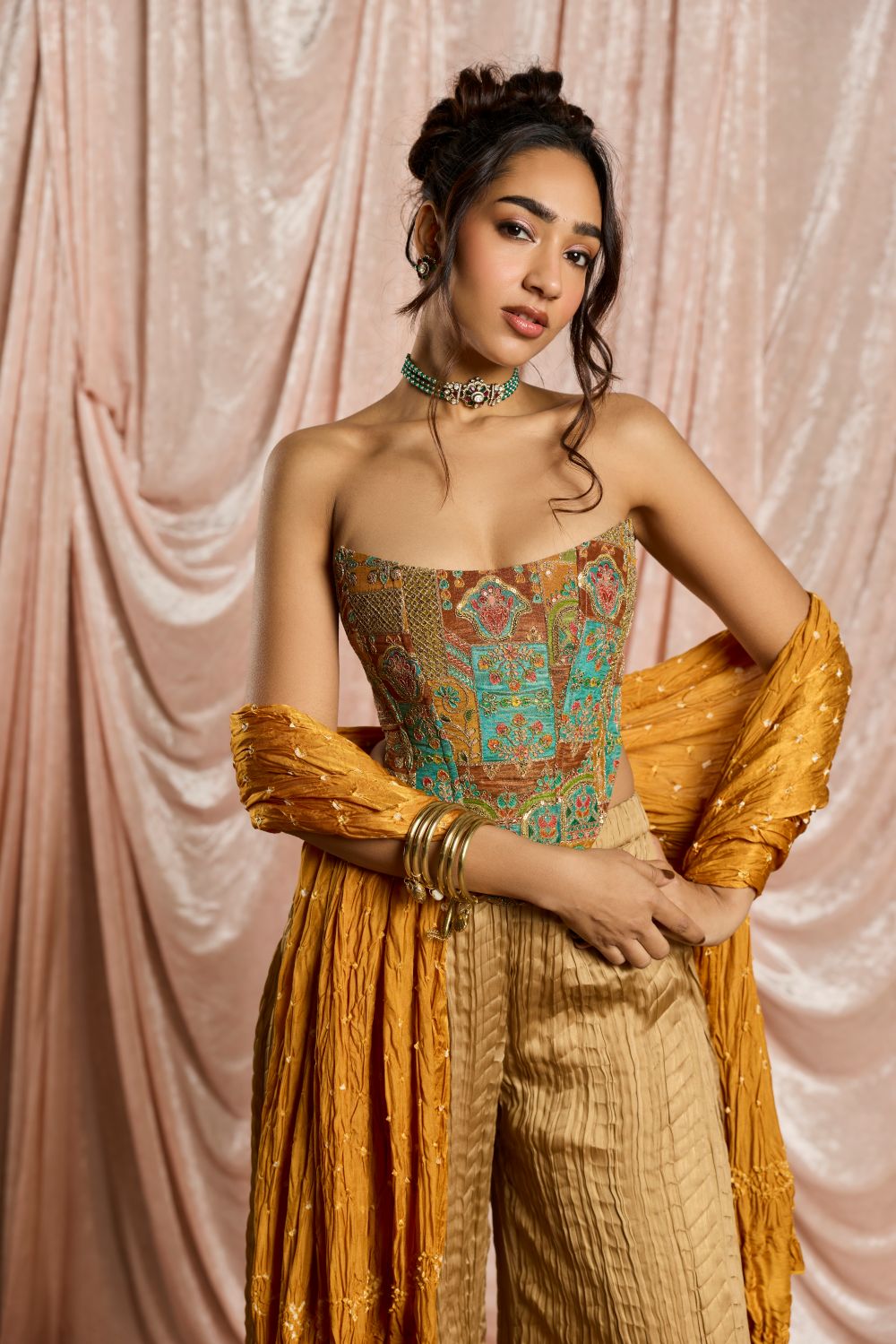 Mahira Yellow Embroidered Corset and Crinkled Gharara Set