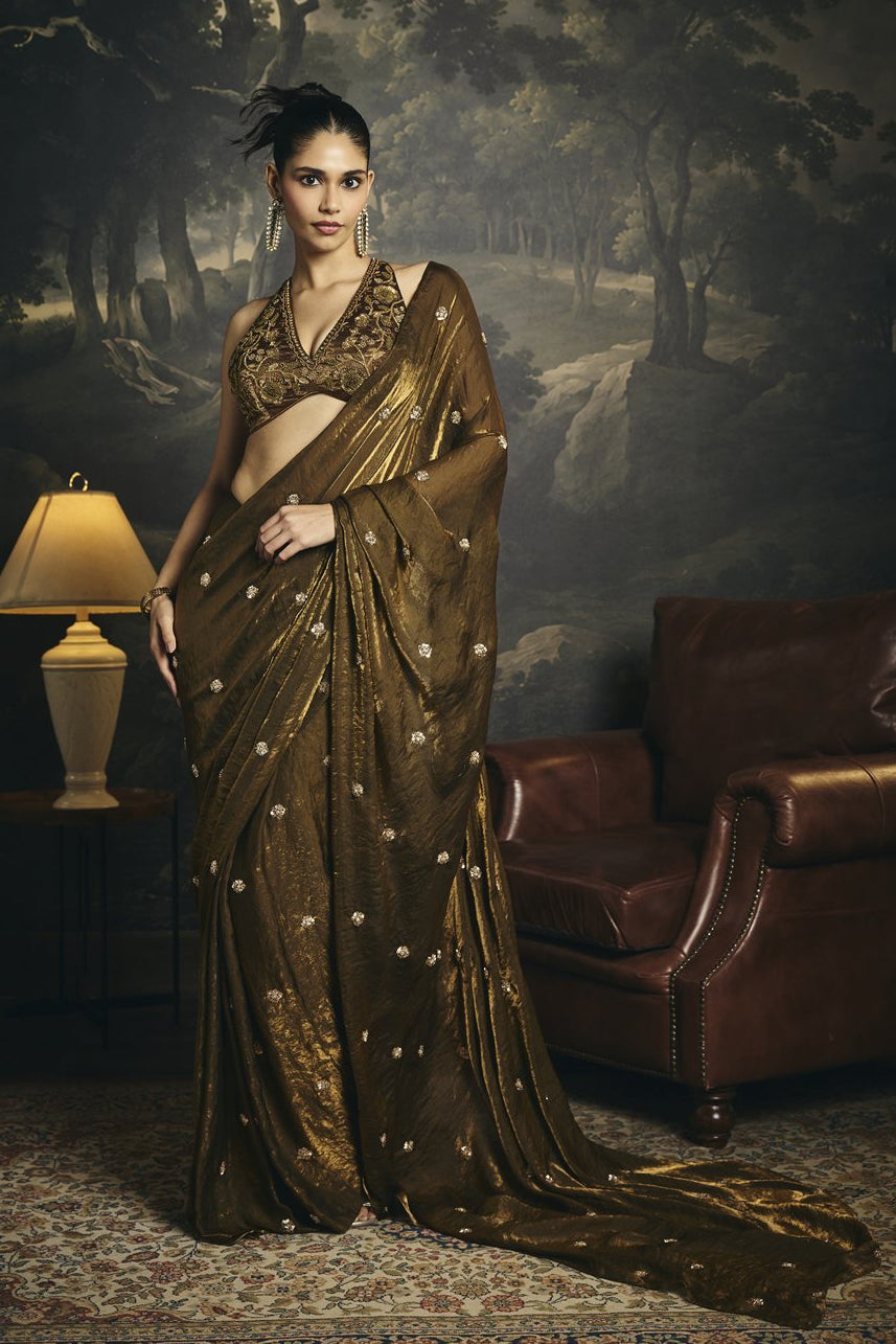 Kumud Olive Hand Embroidered Pre-Draped Saree Set