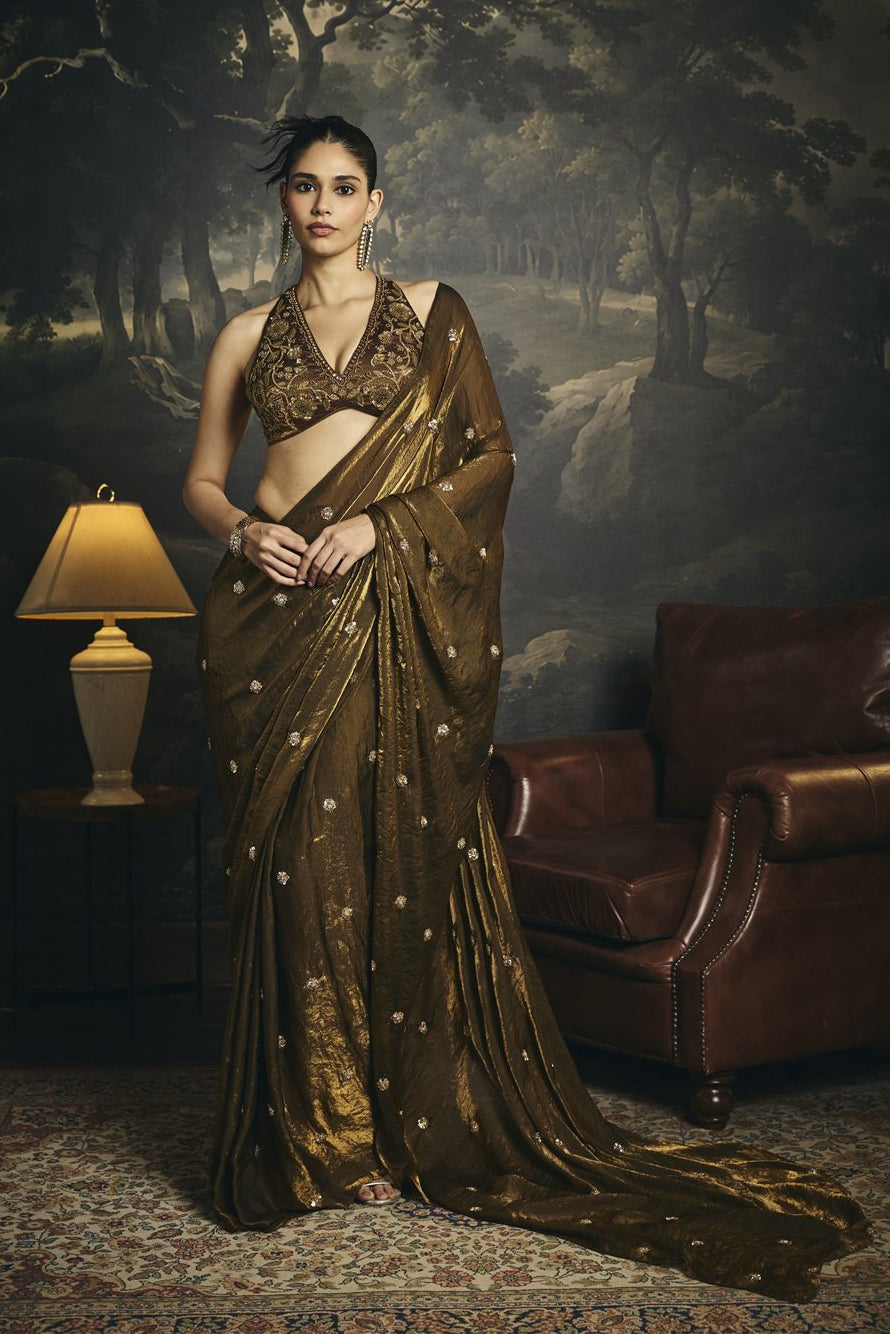 Kumud Olive Hand Embroidered Pre-Draped Saree Set
