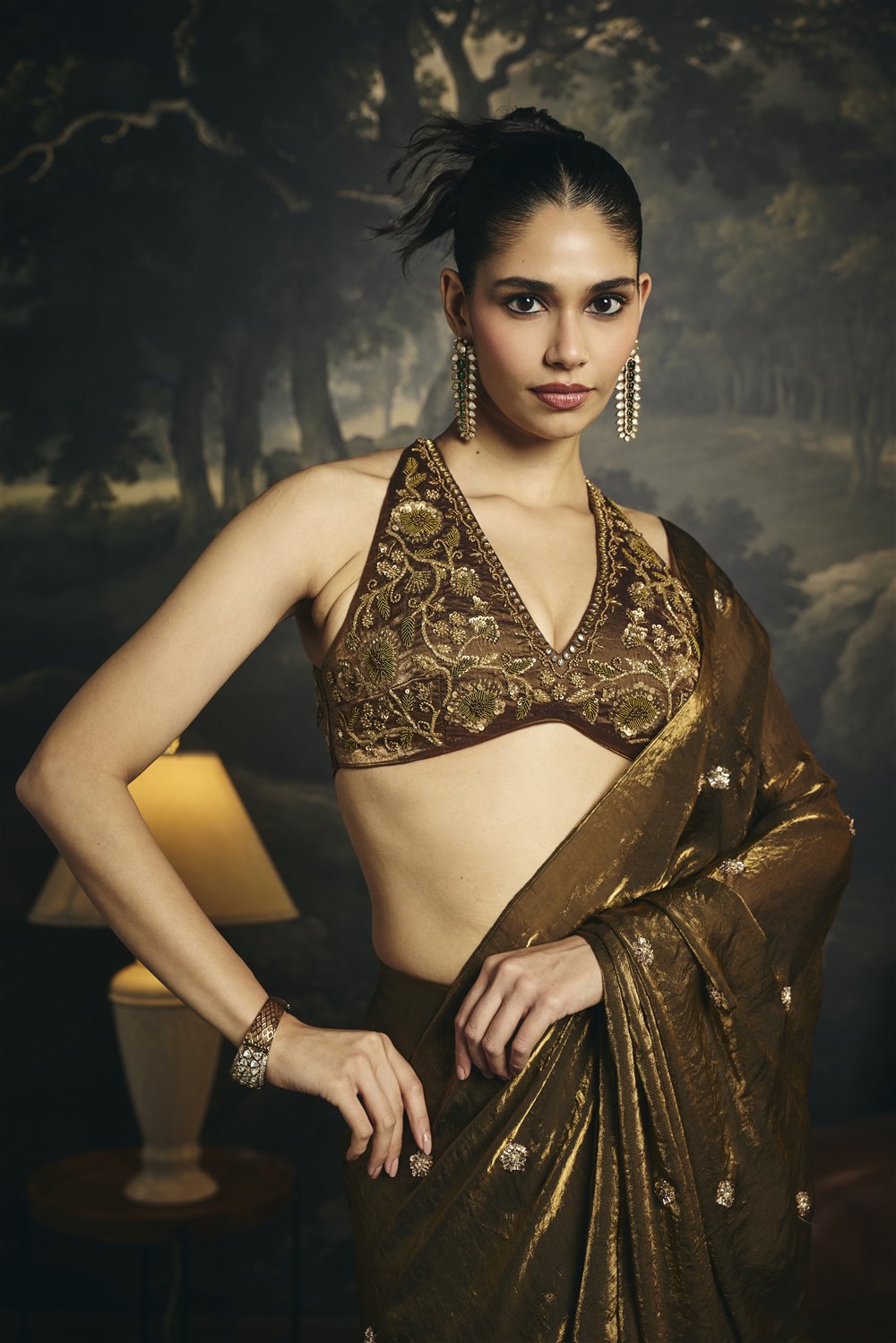 Kumud Olive Hand Embroidered Pre-Draped Saree Set