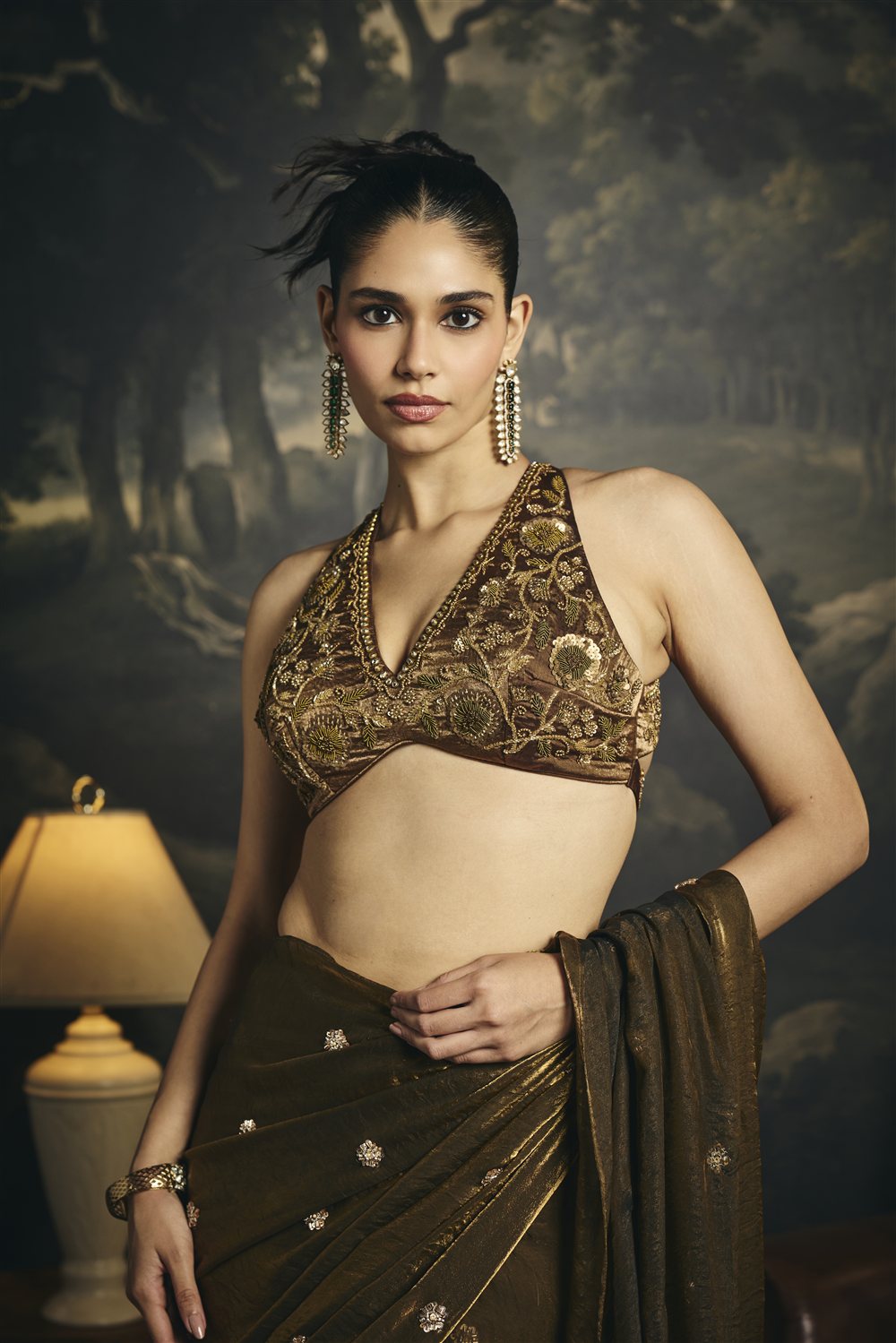 Kumud Olive Hand Embroidered Pre-Draped Saree Set