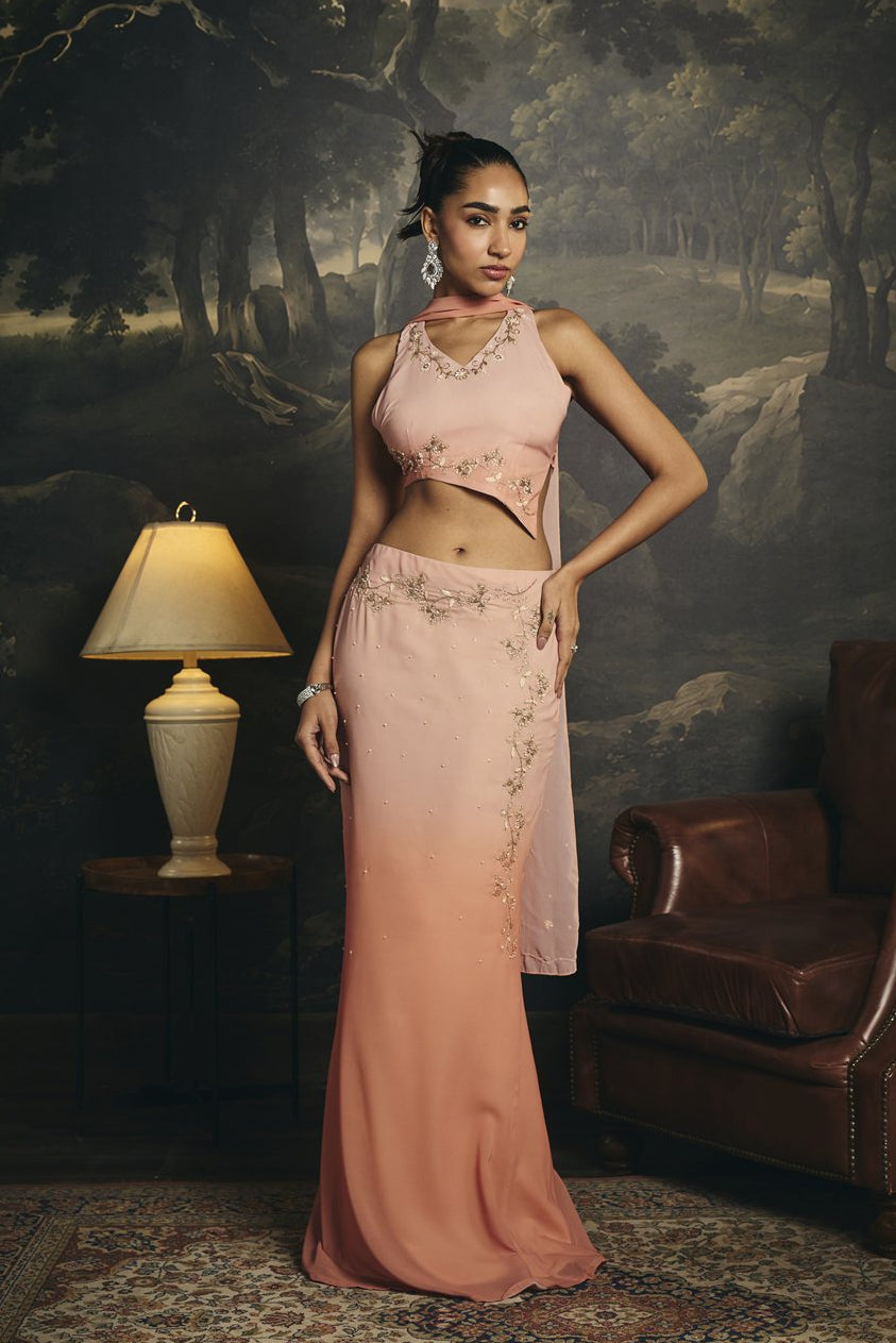Mridula Peach Ombre Y2K Asymmetrical Lehenga Skirt Set