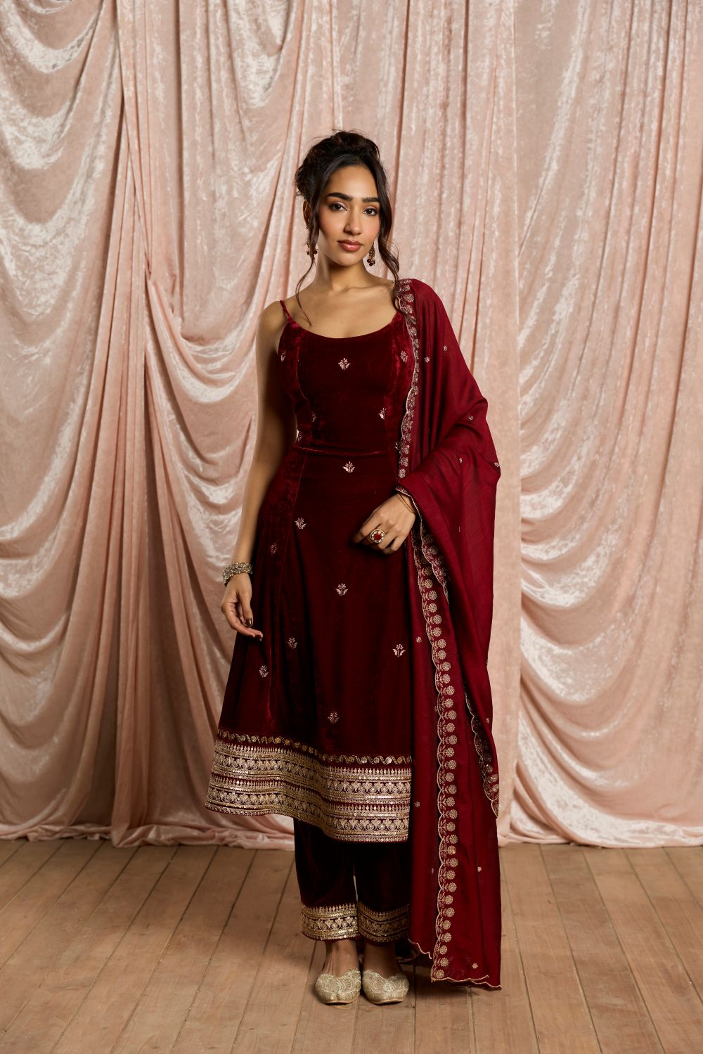 Laalima Burgundy Velvet Embroidered Anarkali Set