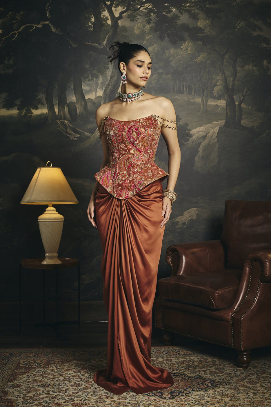 Aadhya Rust Orange Corset and Draped Skirt Set