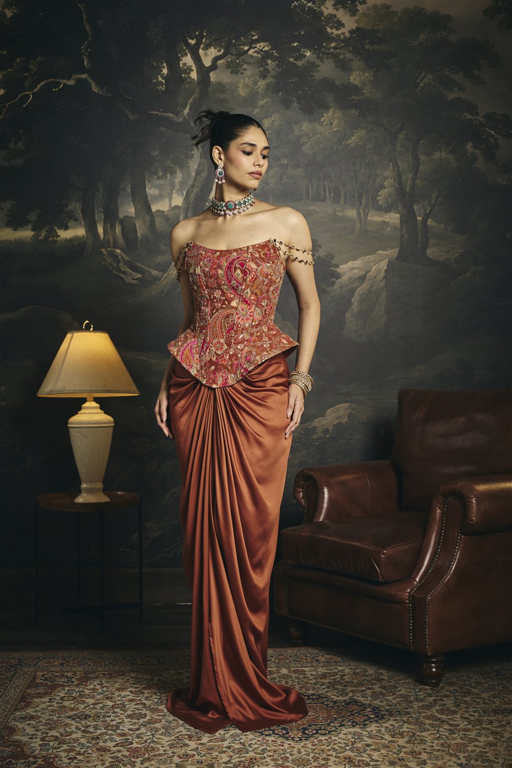 Ragini Rust Orange Corset and Drape Skirt Set