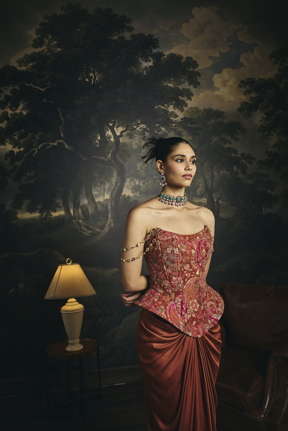 Ragini Rust Orange Corset and Drape Skirt Set