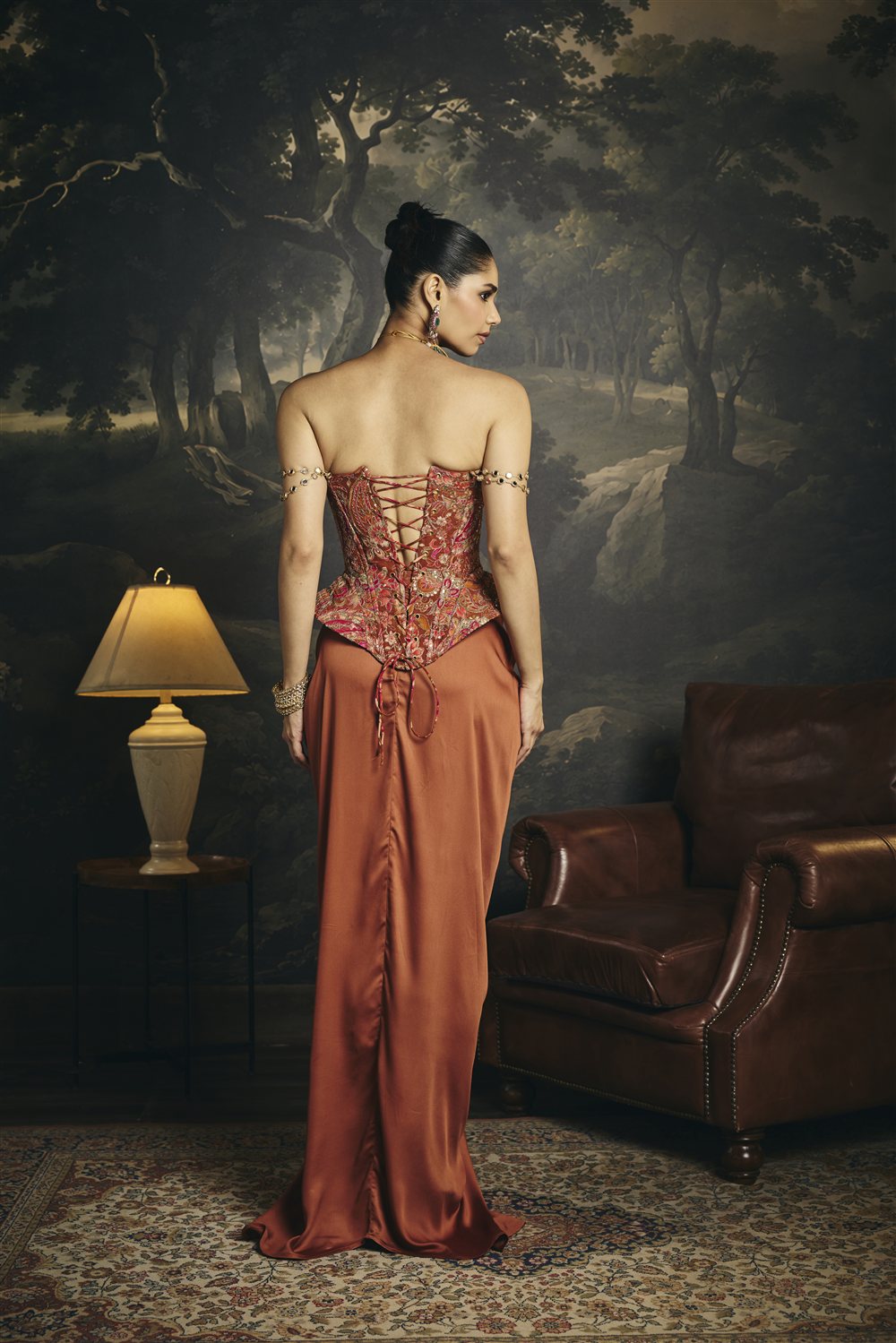 Ragini Rust Orange Corset and Drape Skirt Set