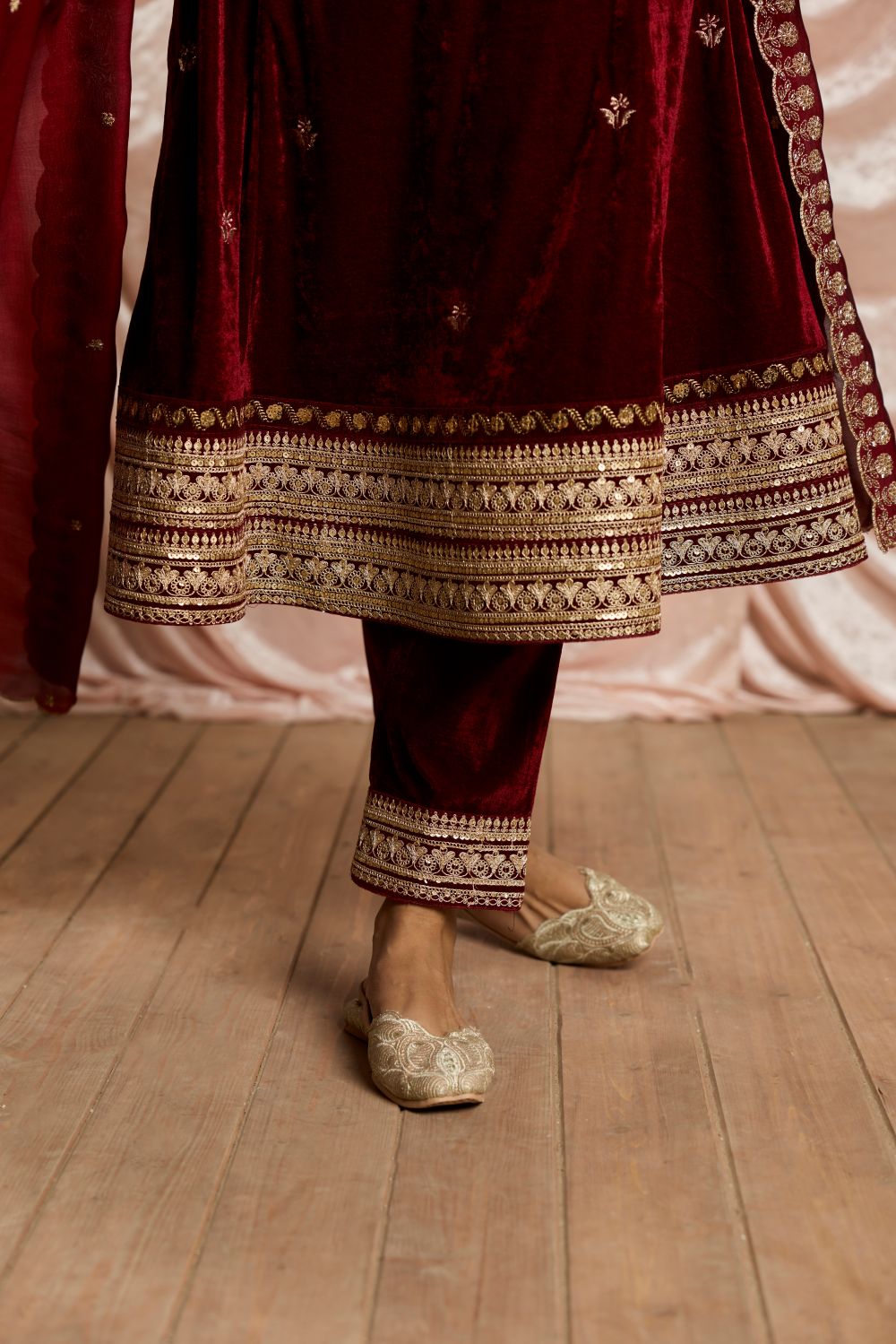 Laalima Burgundy Velvet Embroidered Anarkali Set