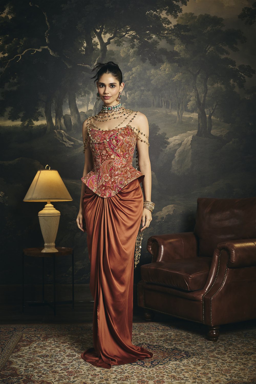 Ragini Rust Orange Corset and Drape Skirt Set