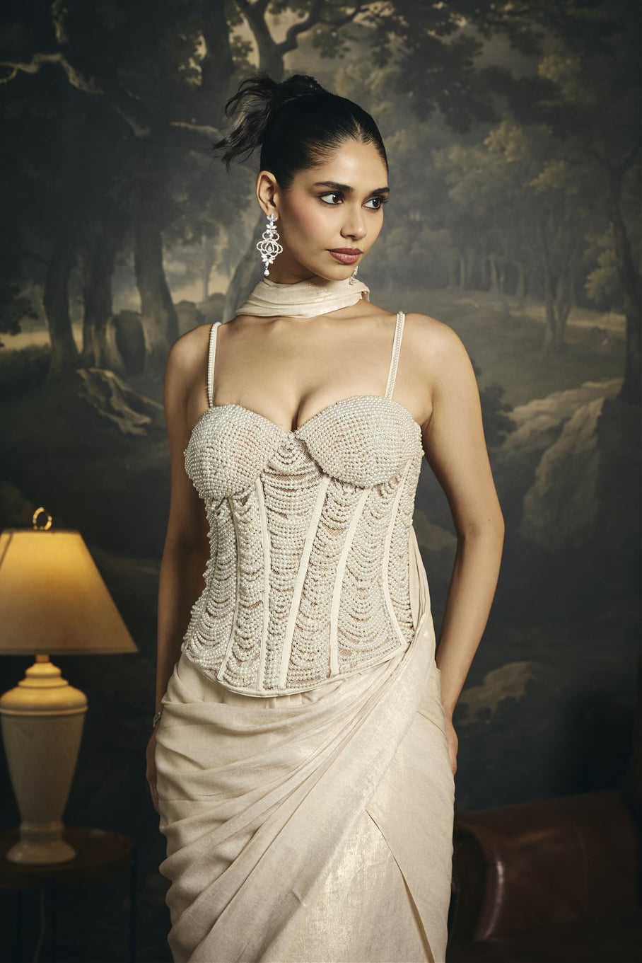 Mrinmayi White Pearl Hand Embroidered Corset Blouse