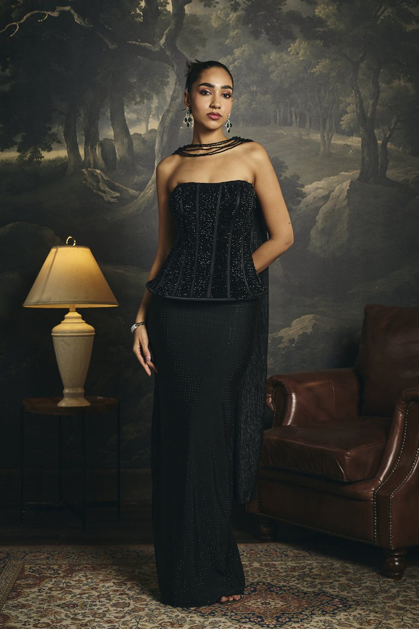 Ruhani Black Hand Embroidered Rhinestone Corset Skirt Set