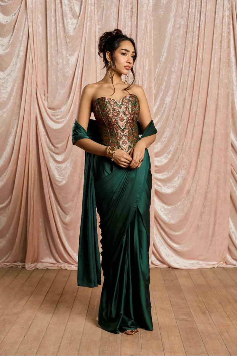 Hansika Emerald Brocade Corset Draped Saree Set – Lea Clothing Co