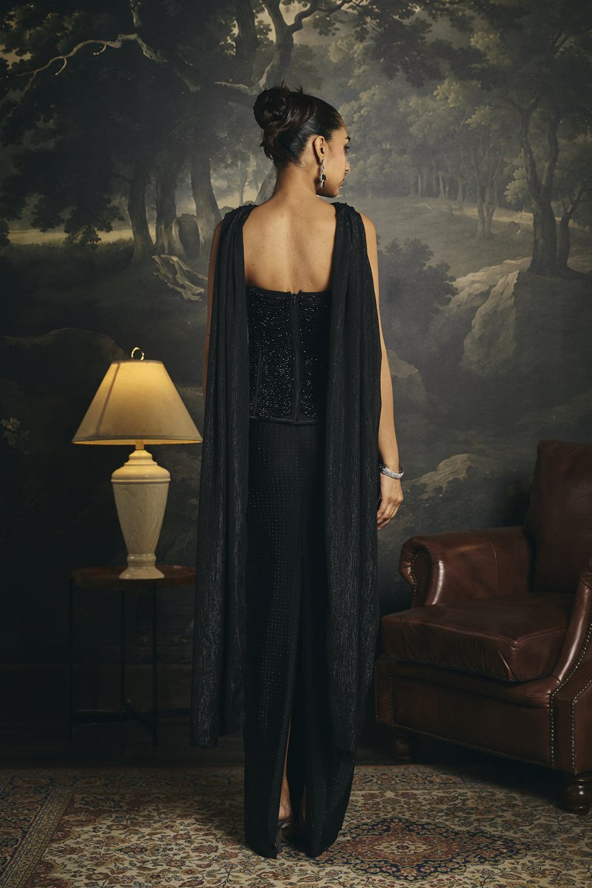 Ruhani Black Hand Embroidered Rhinestone Corset Skirt Set