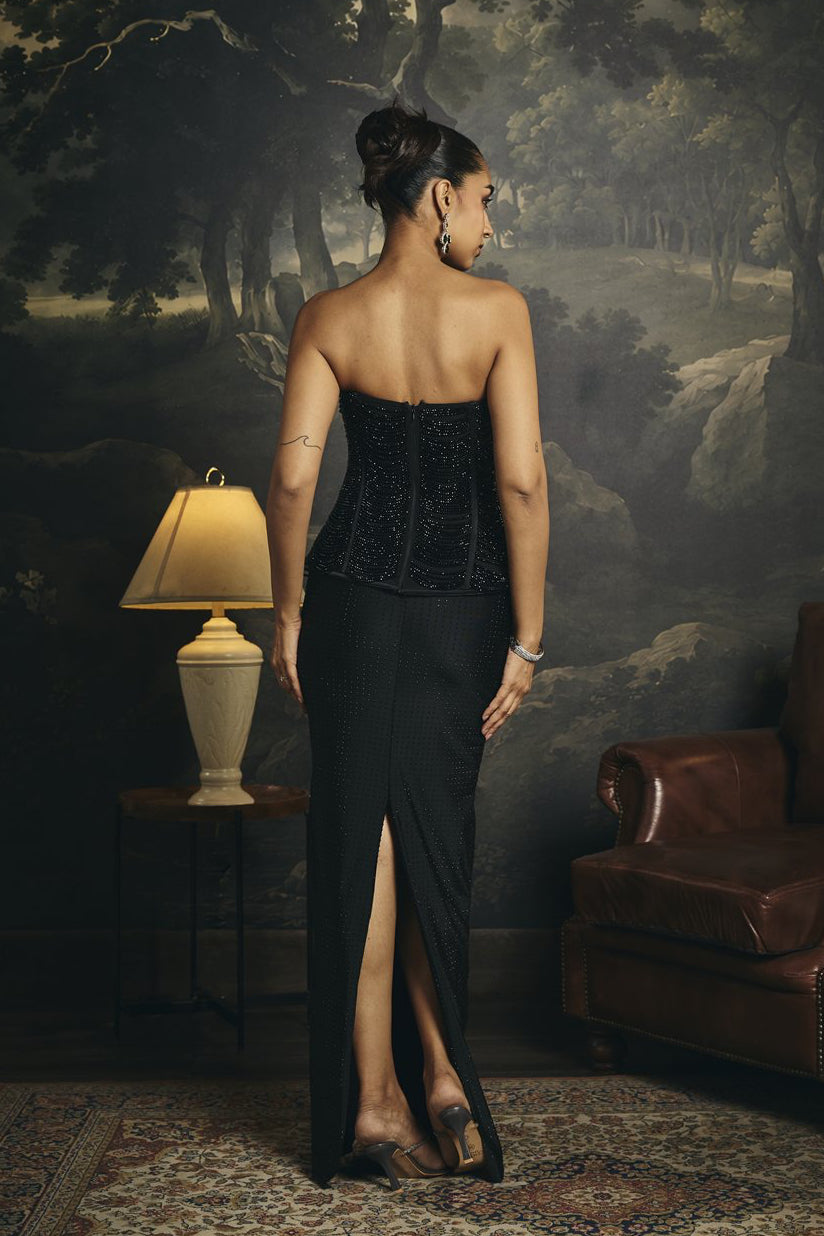 Ruhani Black Hand Embroidered Rhinestone Corset Skirt Set