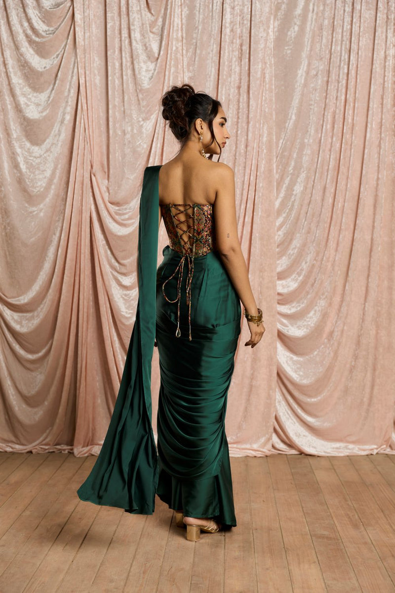 Hansika Emerald Brocade Corset Draped Saree Set Lea Clothing Co. Hansika Emerald Brocade Corset Draped Saree Set Lea Clothing Co.
