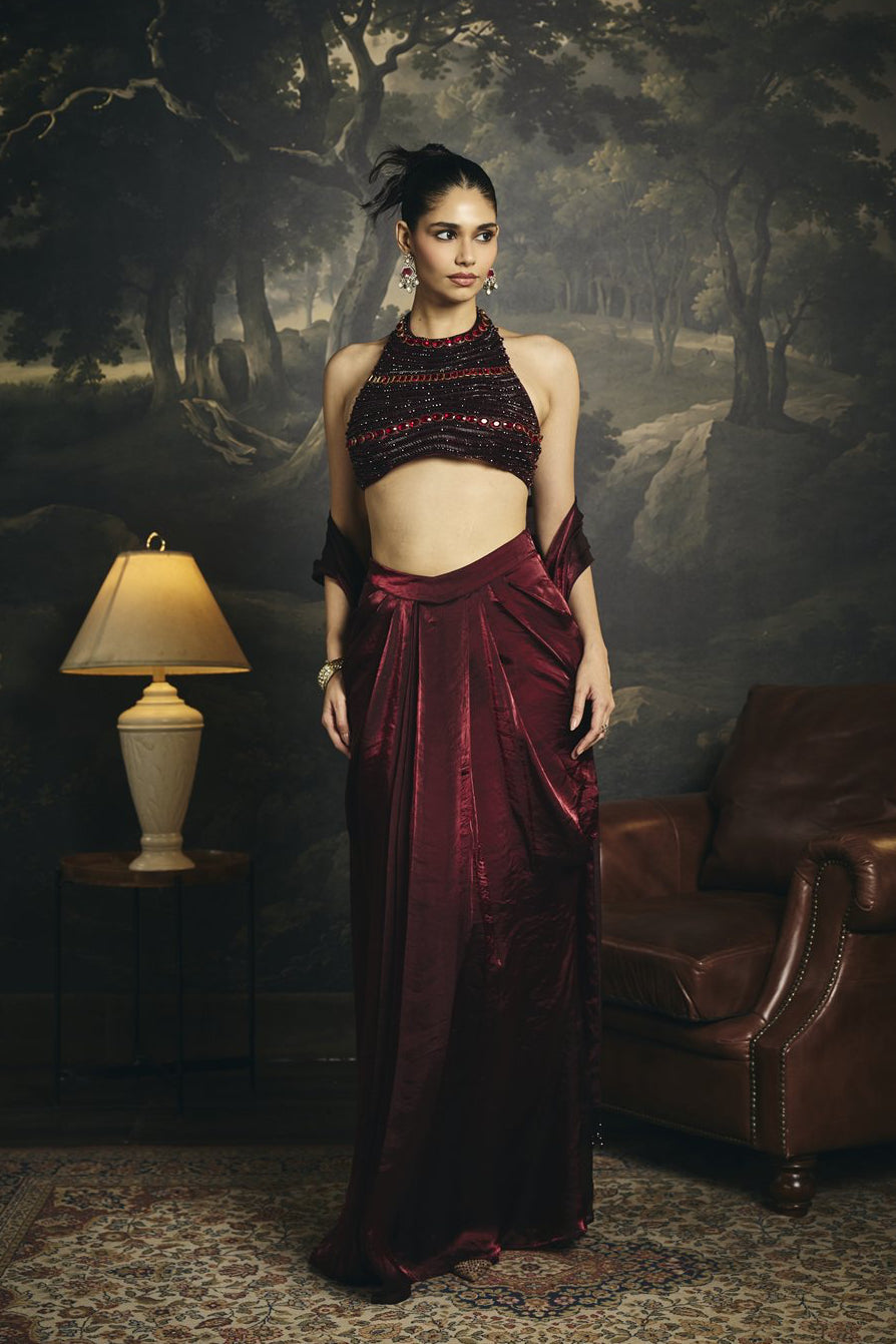 Mahira Burgundy Hand Embroidered Halter Blouse