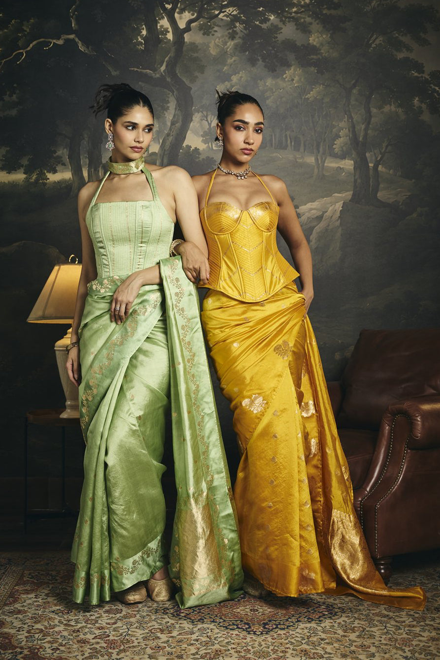 Swarna Yellow Raw Mango Banarasi Silk Corset Saree Set