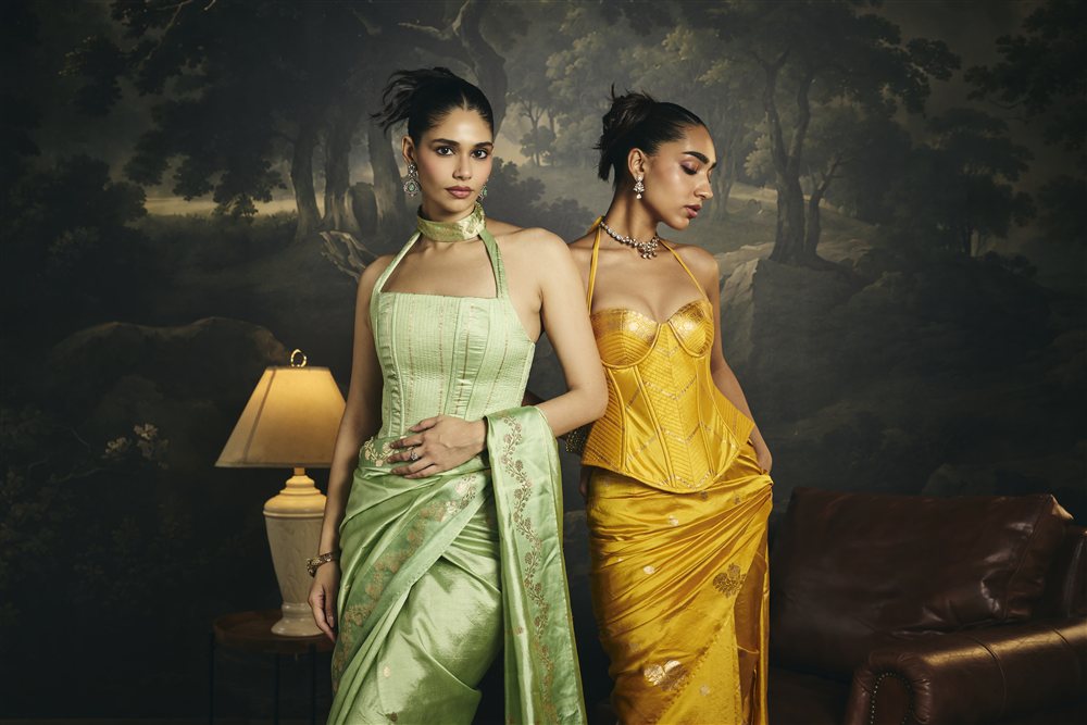 Swarna Yellow Raw Mango Banarasi Silk Corset Saree Set