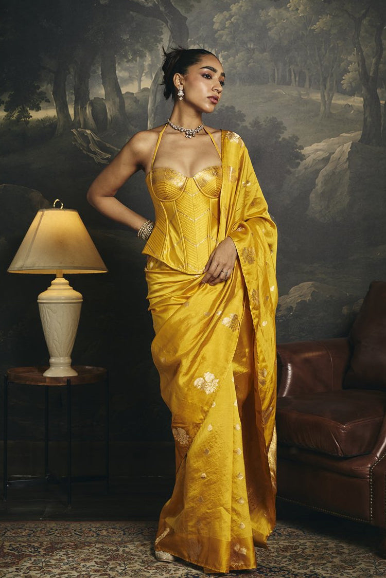 Swarna Yellow Raw Mango Banarasi Silk Corset Saree Set