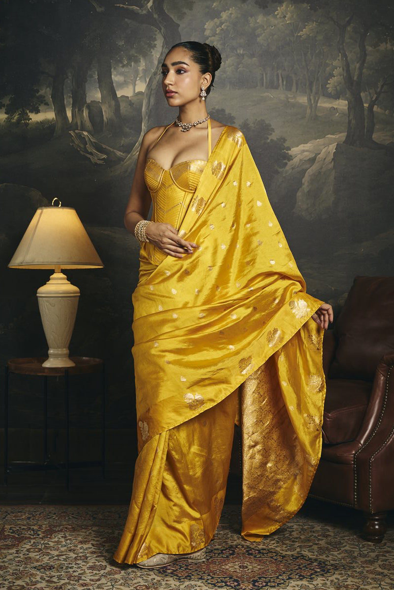 Swarna Yellow Raw Mango Banarasi Silk Corset Saree Set