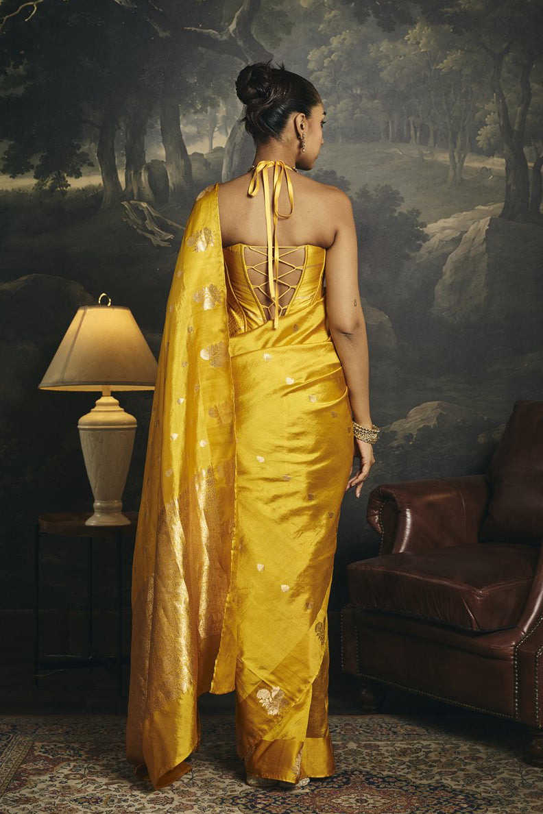 Swarna Yellow Raw Mango Banarasi Silk Corset Saree Set