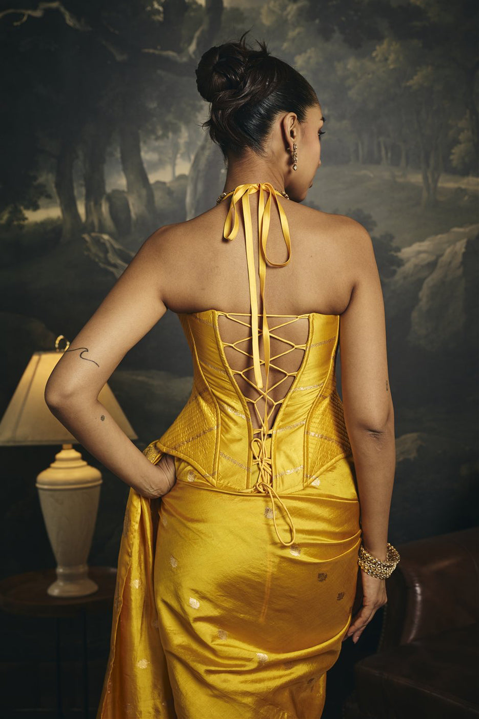 Swarna Yellow Raw Mango Banarasi Silk Corset Saree Set