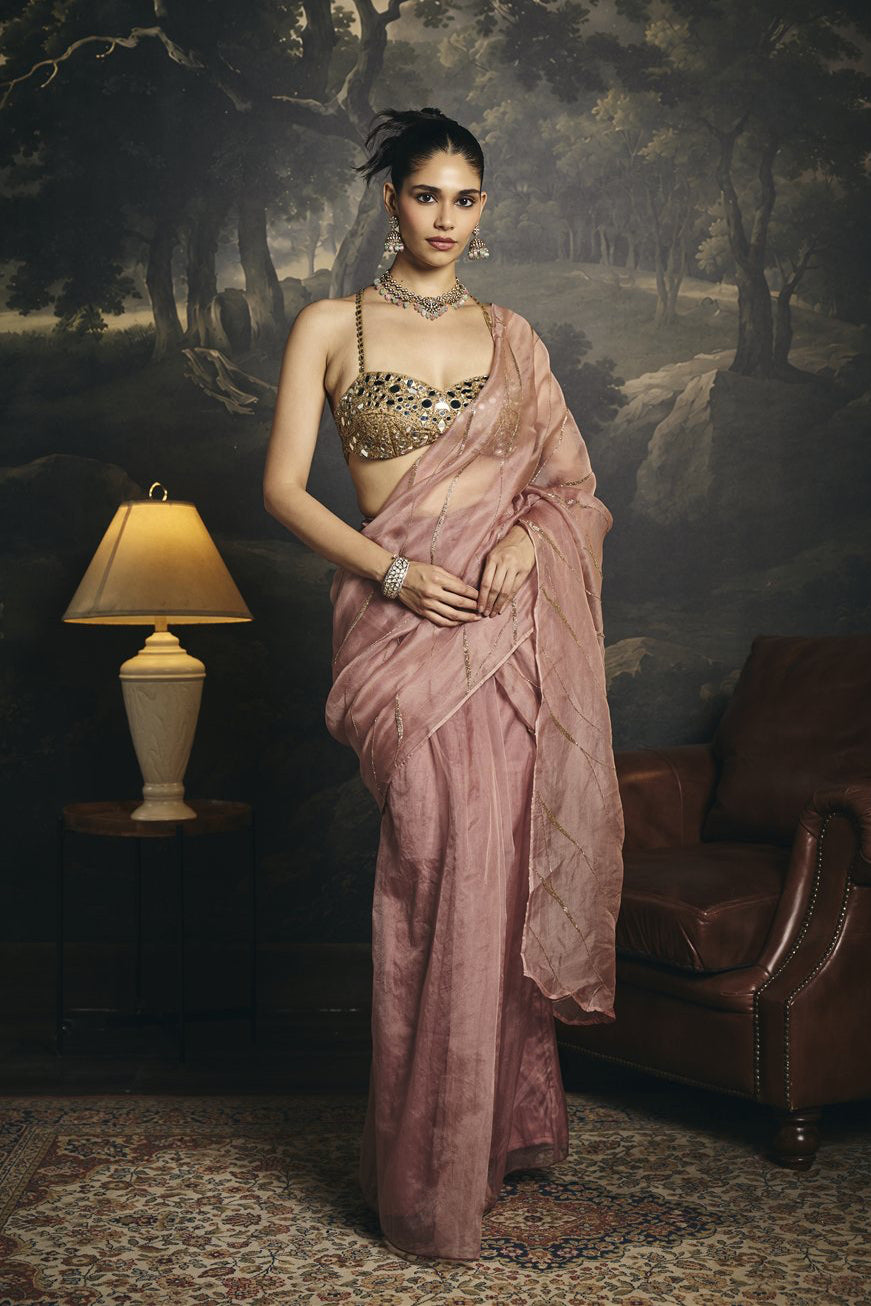 Anvitha Silk Organza Embroidered Pre Draped Saree Set