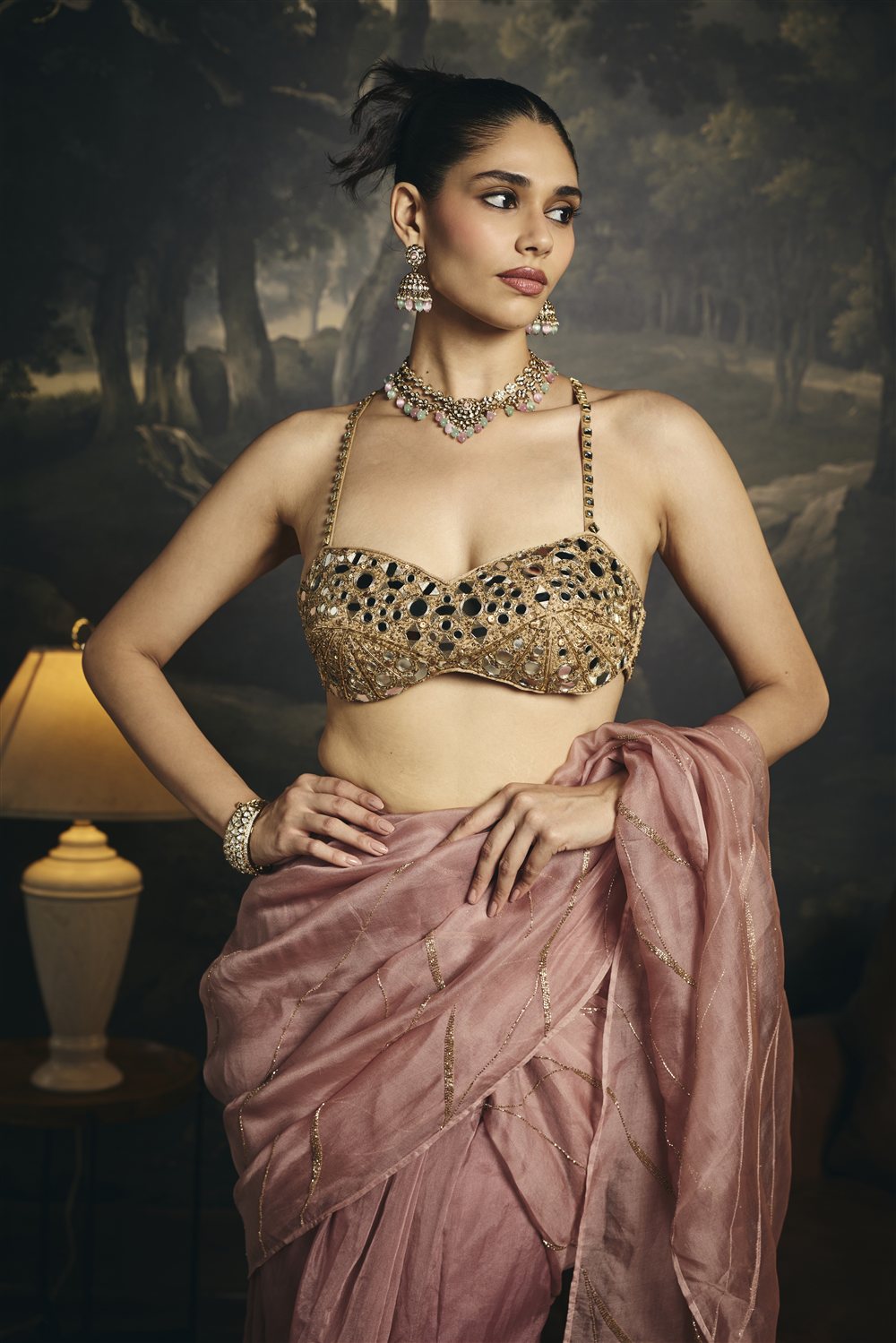 Anvitha Silk Organza Embroidered Pre Draped Saree Set