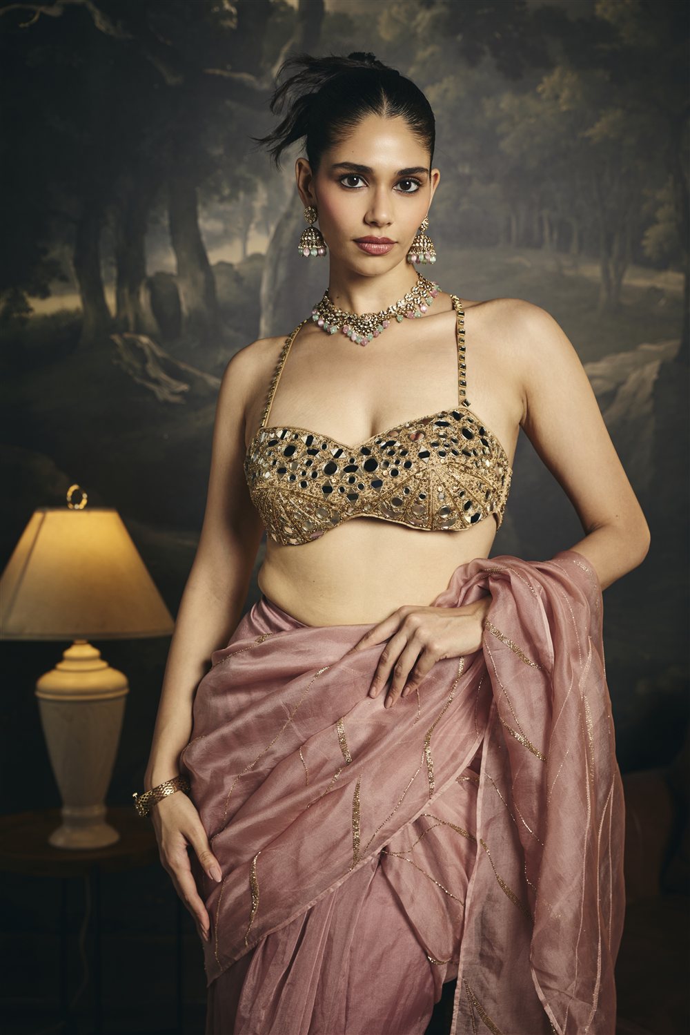 Anvitha Silk Organza Embroidered Pre Draped Saree Set