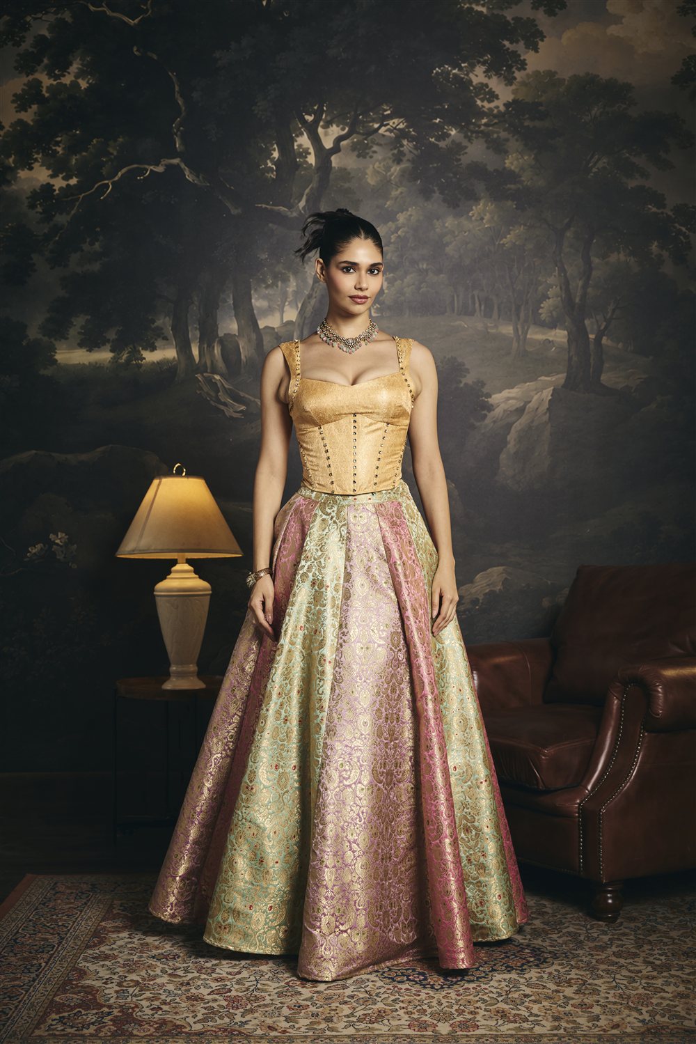 Pakshi Golden Brocade Mirror Embellished Corset Blouse