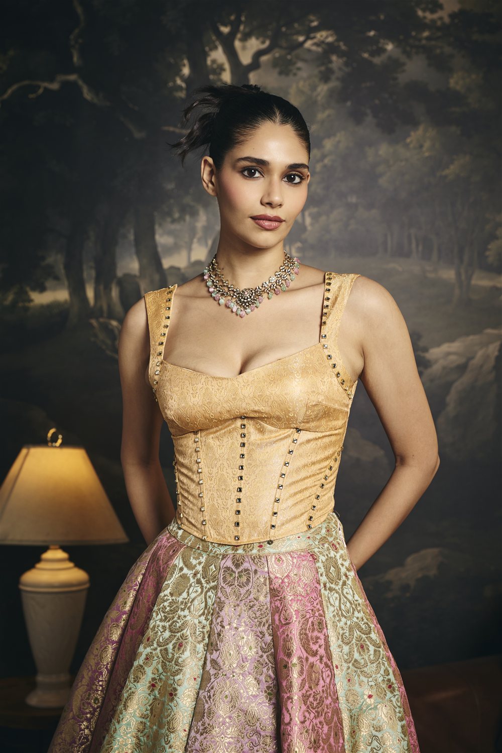 Pakshi Golden Brocade Mirror Embellished Corset Blouse