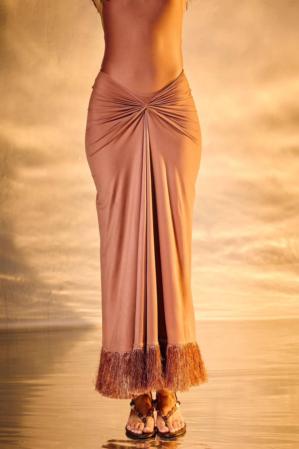 Sunset Dune Mauve Knot Fringe Midi Skirt