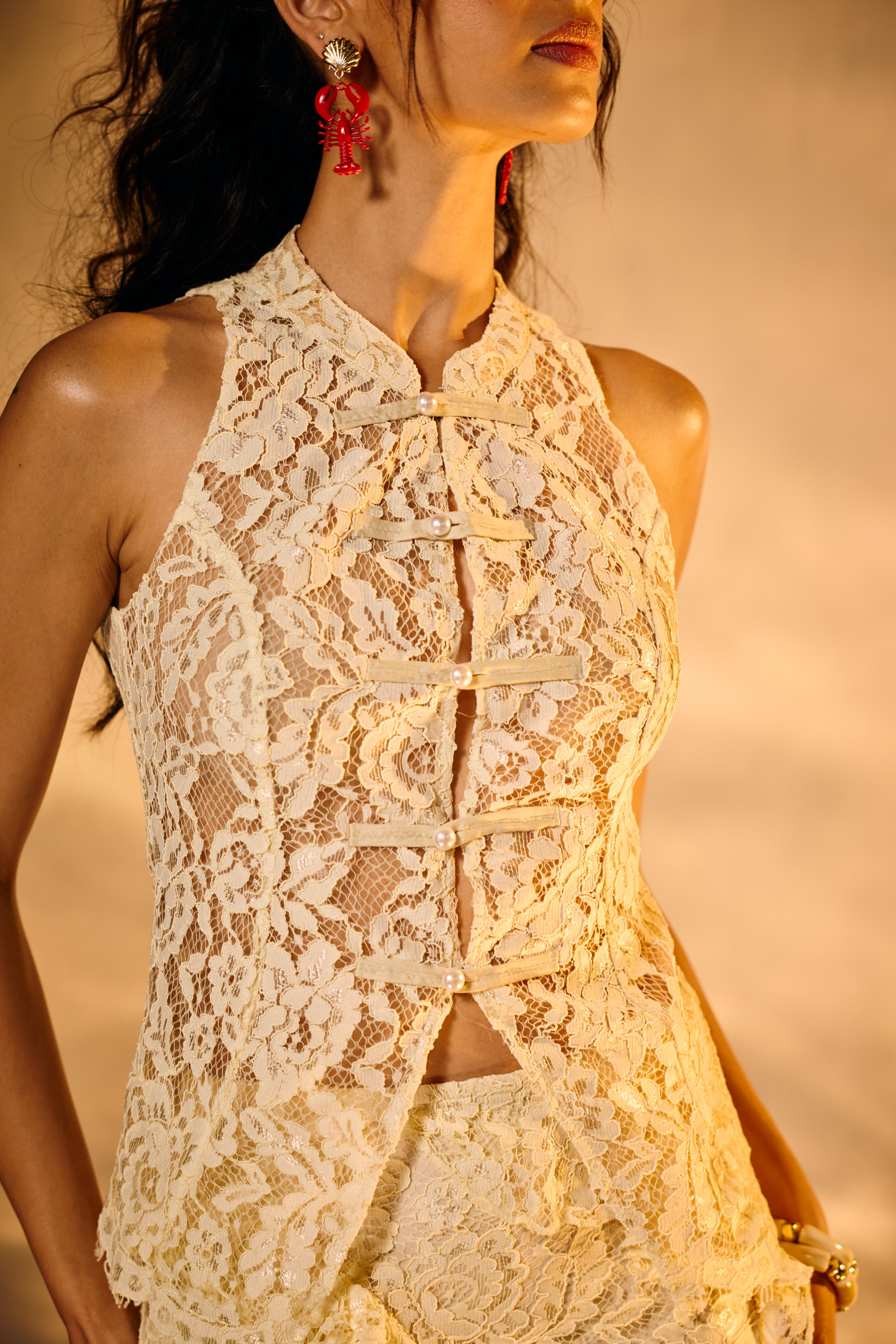 Santorini Lace Mandarin Collar Top