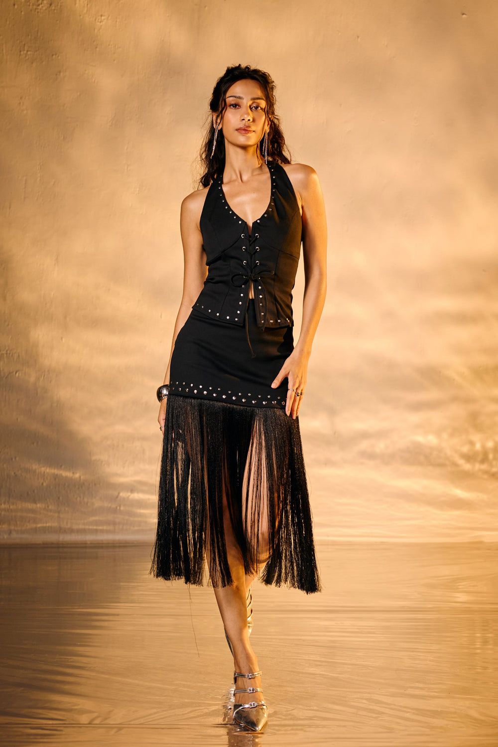 Siren Black Rivet and Fringe Midi Skirt