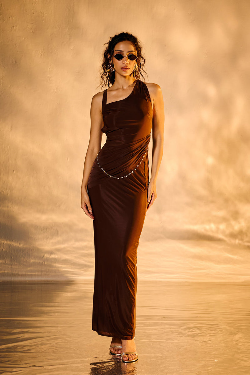 brown draped maxi dress Fyronth Draped Maxi Dress In Brown