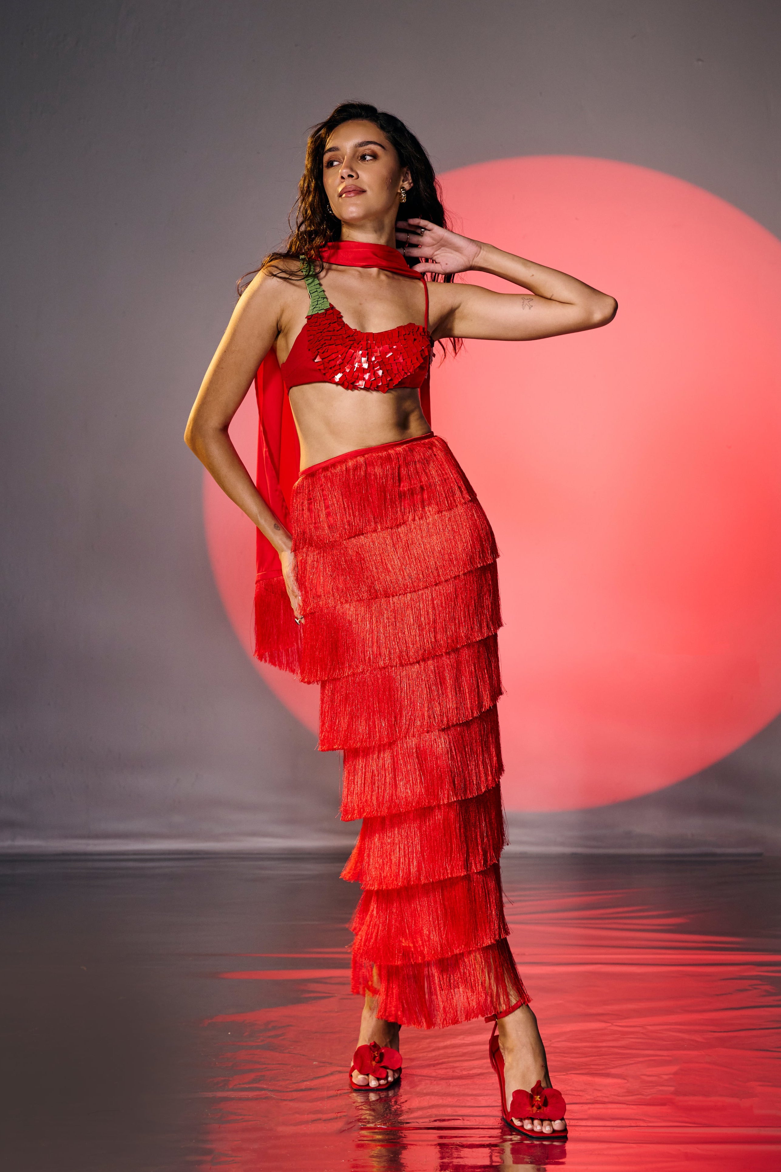 Laal Mirchi Red Fringe Maxi Skirt