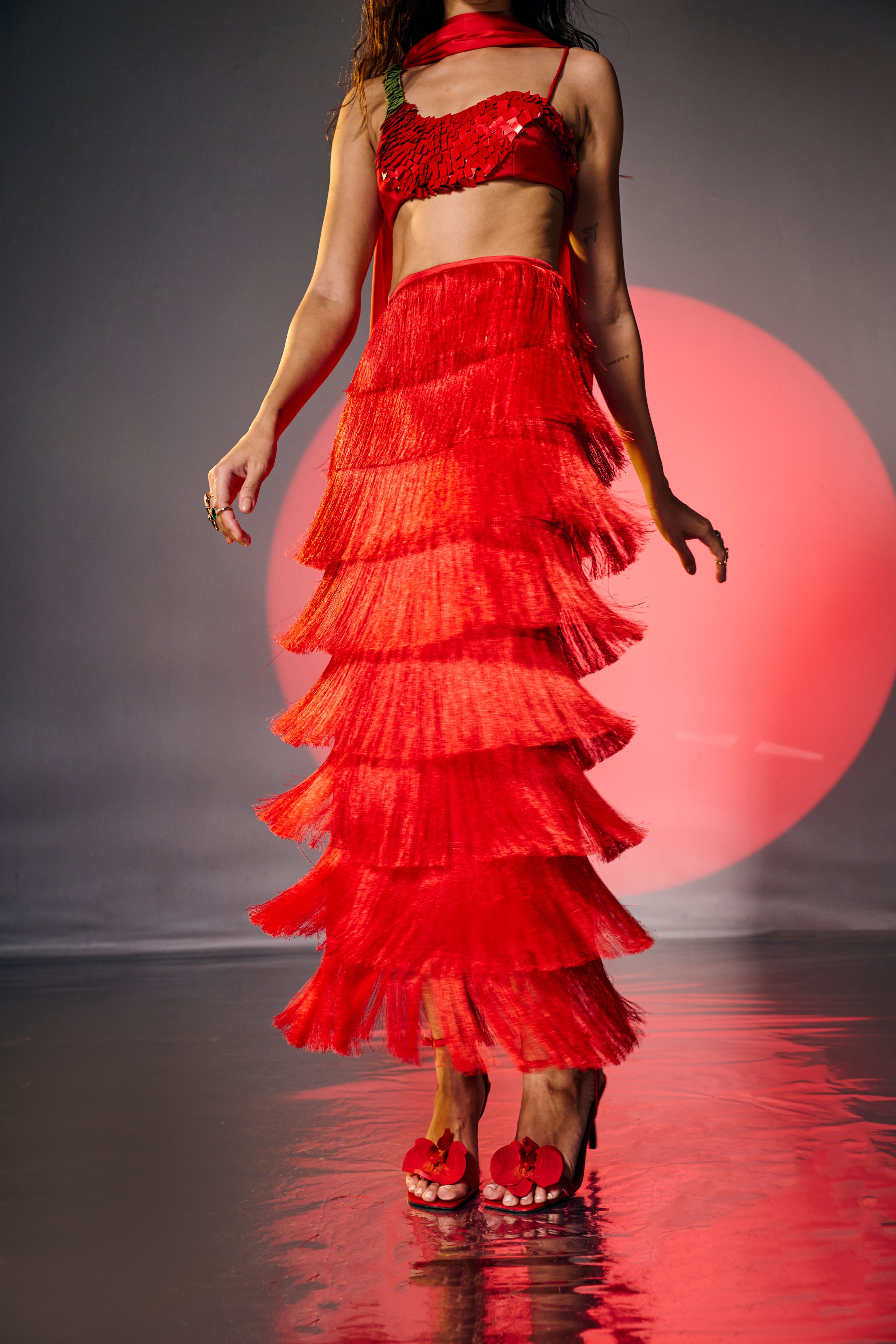 Laal Mirchi Red Fringe Maxi Skirt