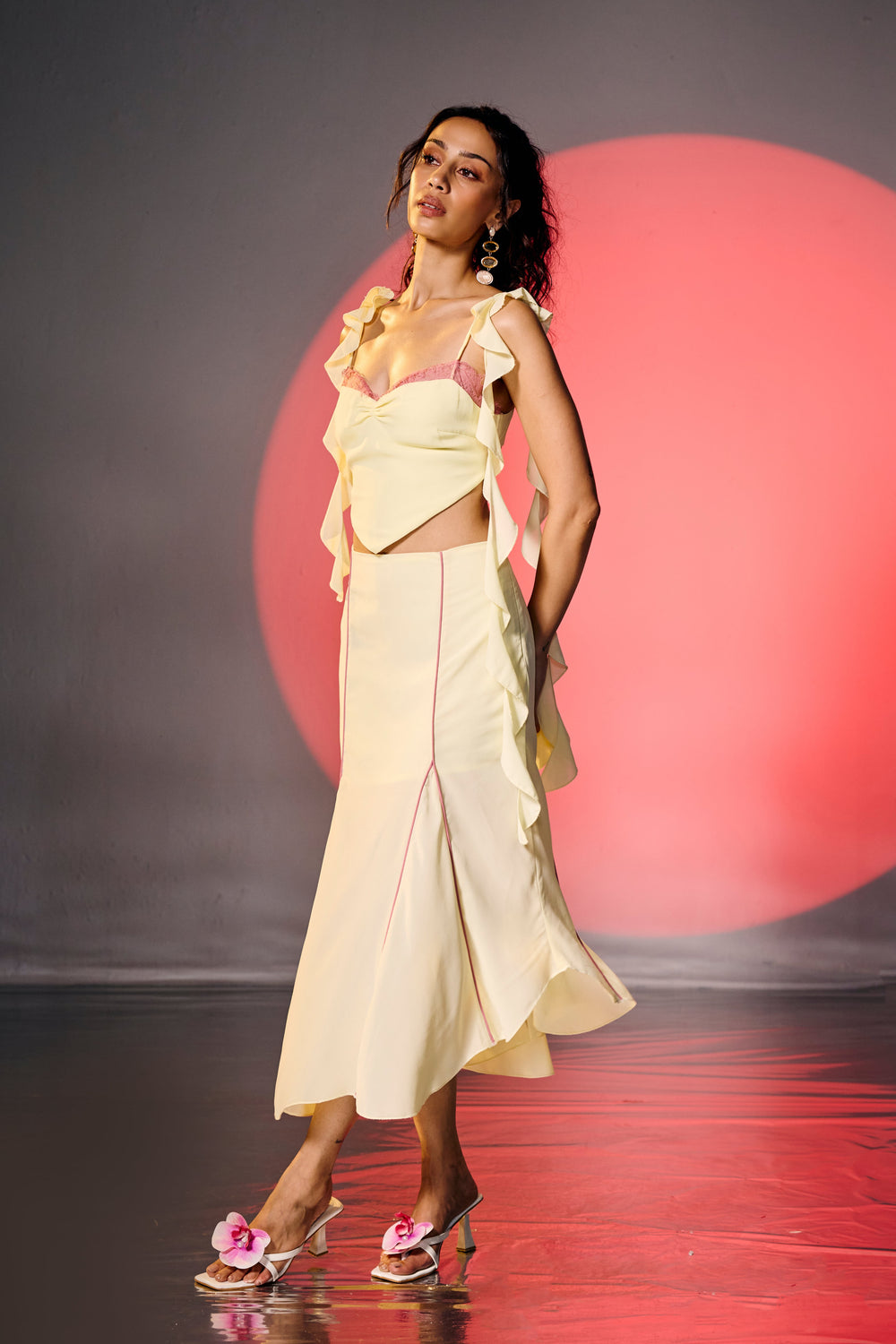 Crimson Butter Yellow Ruffle Midi Skirt