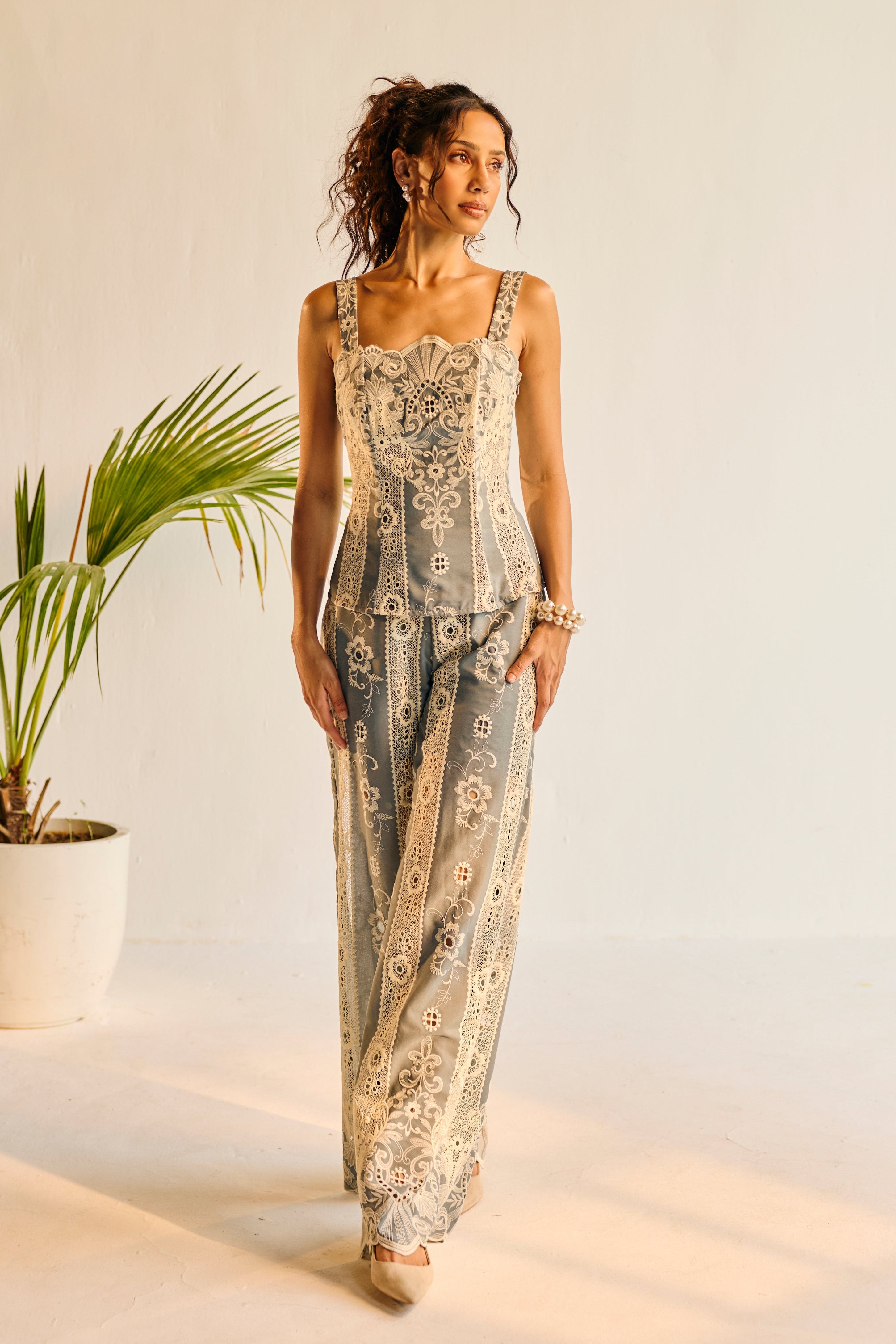 Opalite Blue Embroidered Lace Corset Top