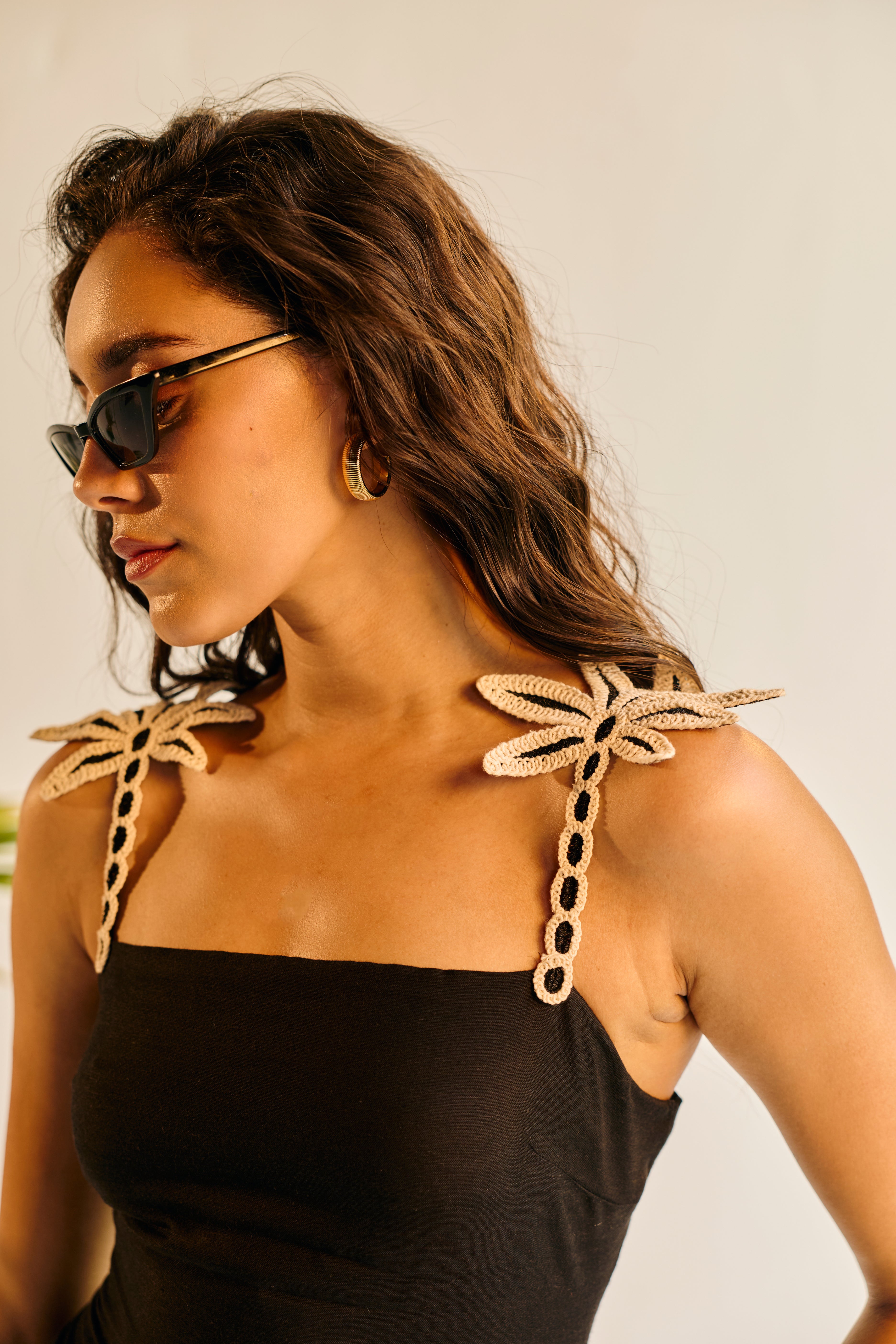 Paloma Black Palm Embroidered Strap Top