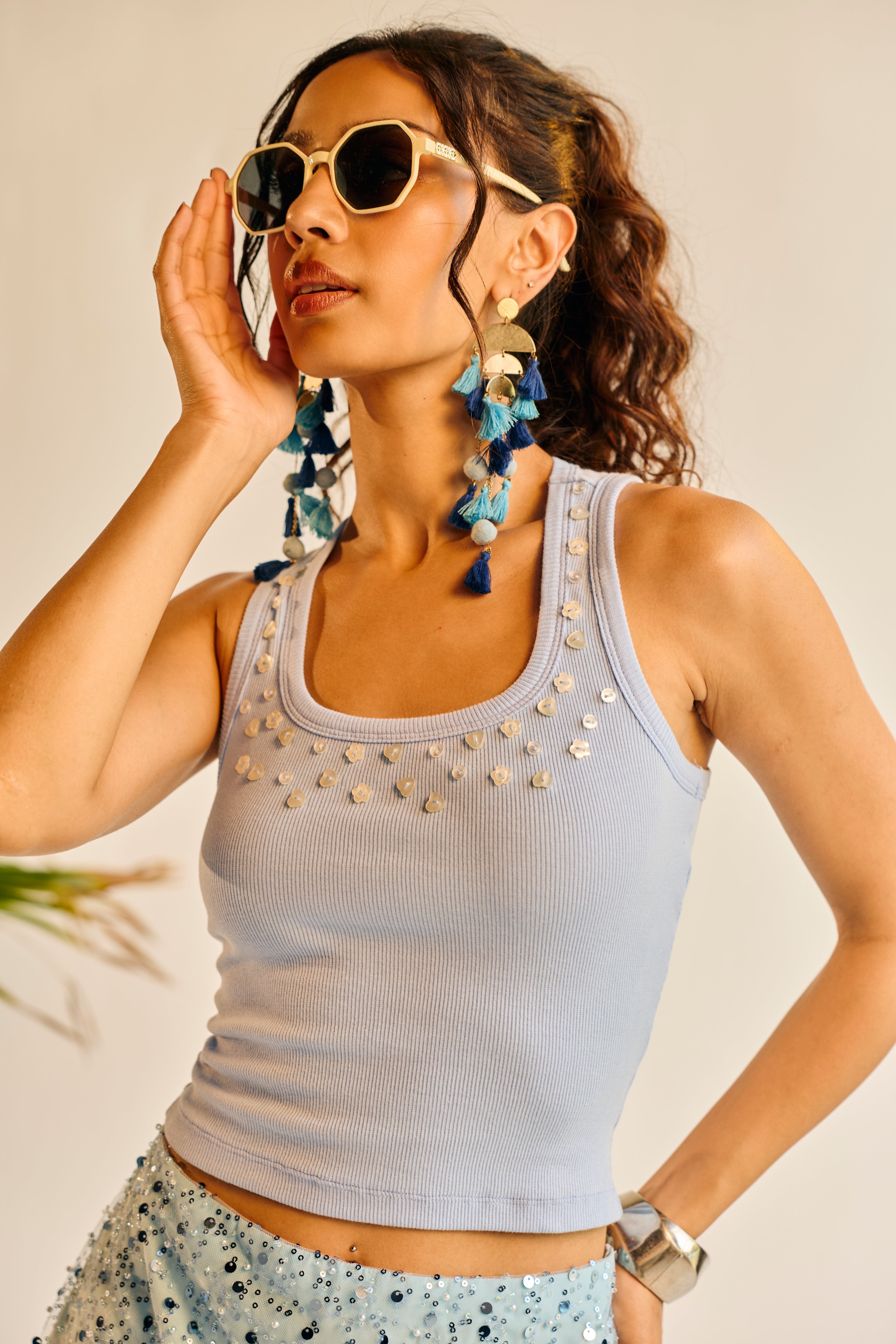 Daisy Blue Button Embroidered Tank Top
