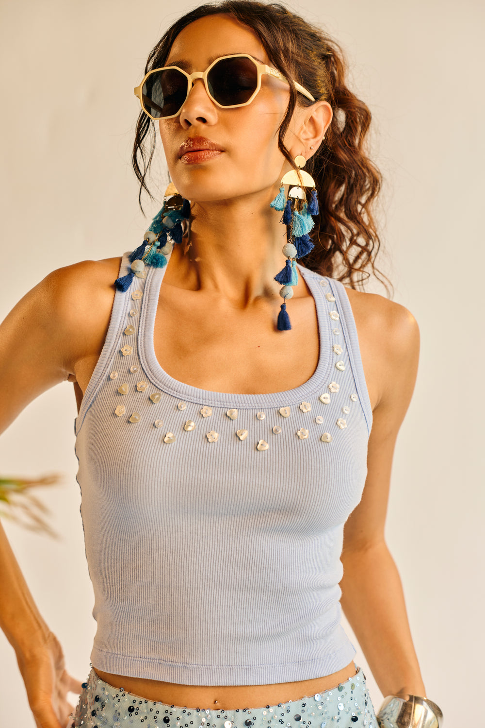 Daisy Blue Button Embroidered Tank Top