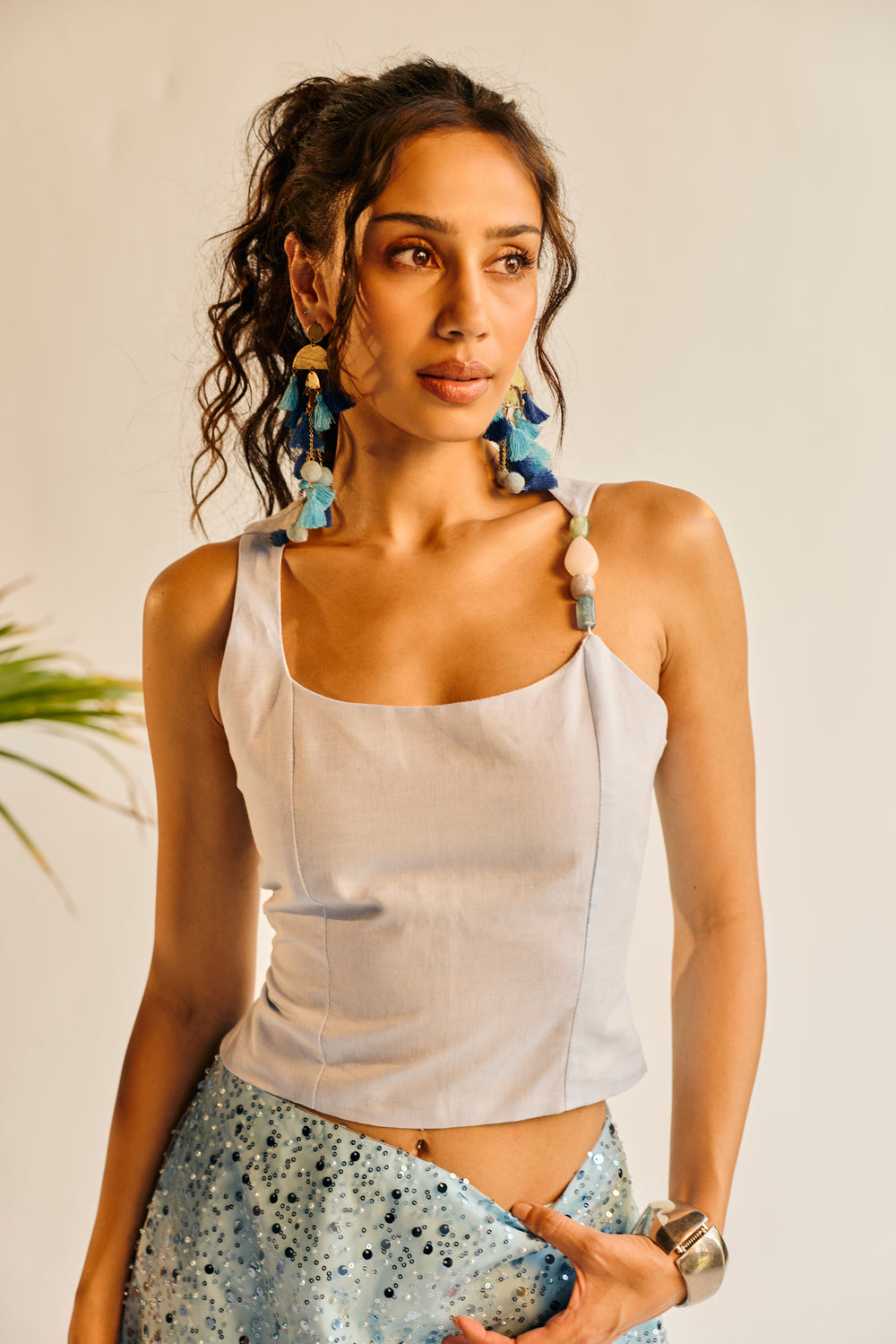 Aamras Blue One Shoulder Embellished Top