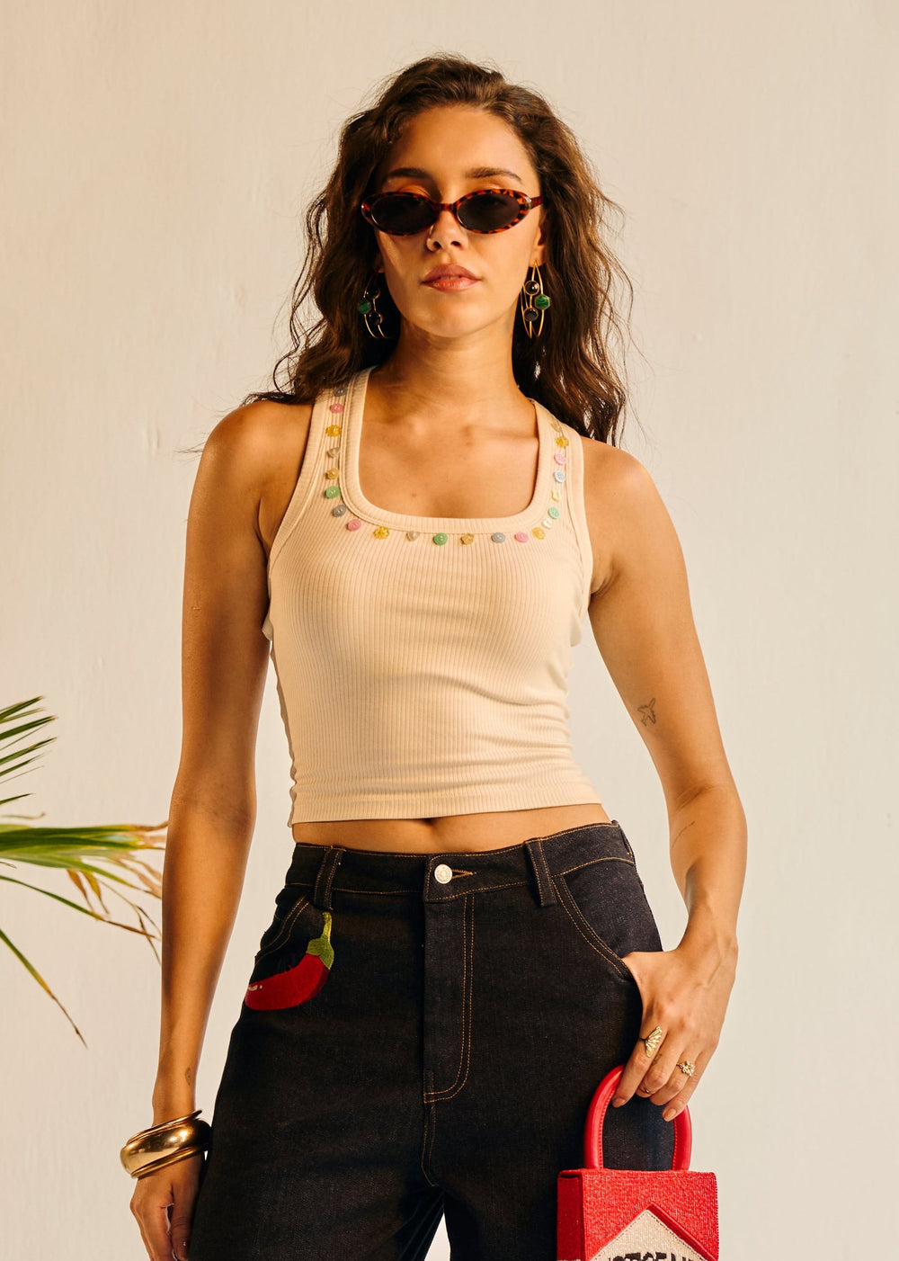 Candy Jelly Button Embroidered Tank Top