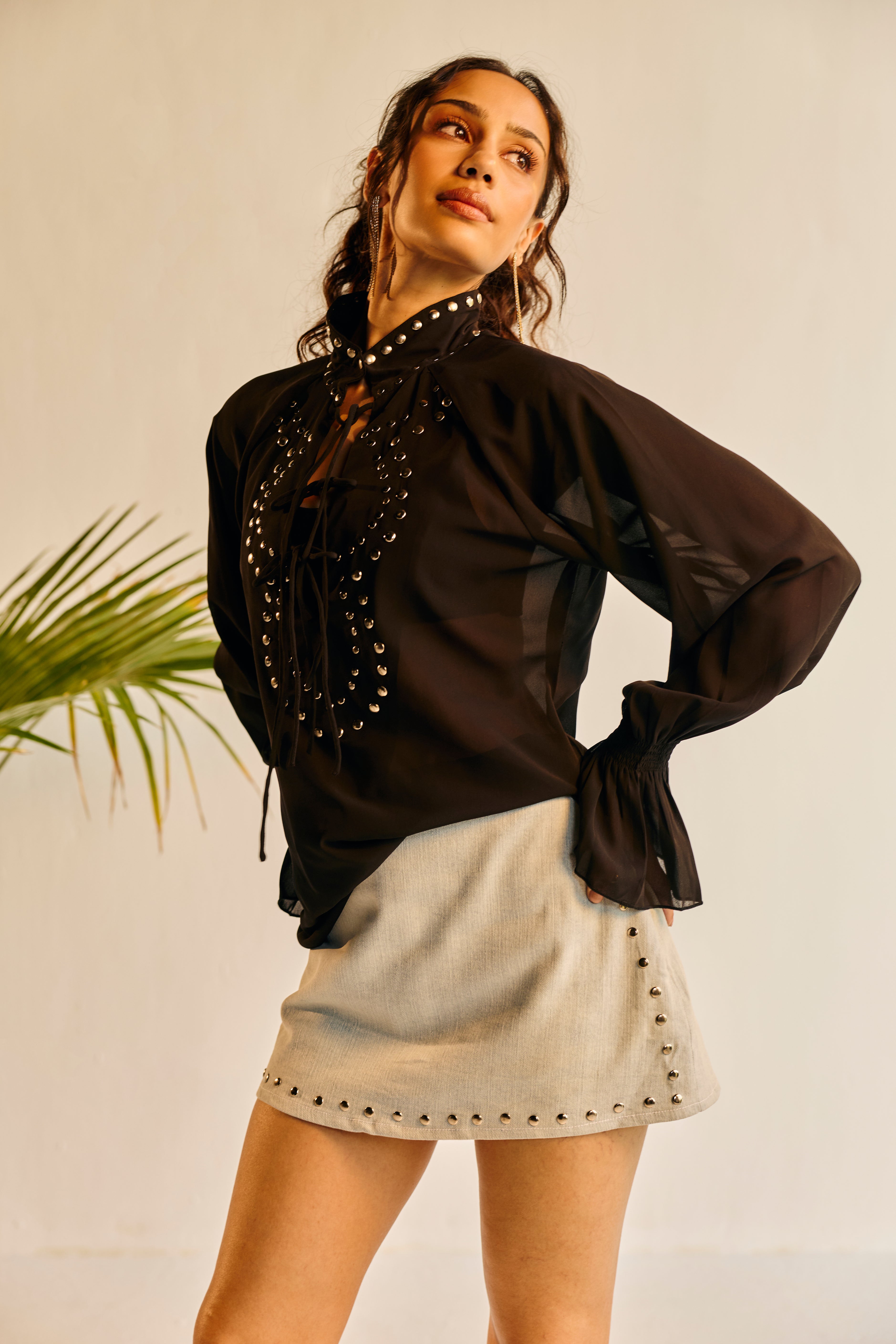 Noiré Sheer Studded Tie-Up Blouse