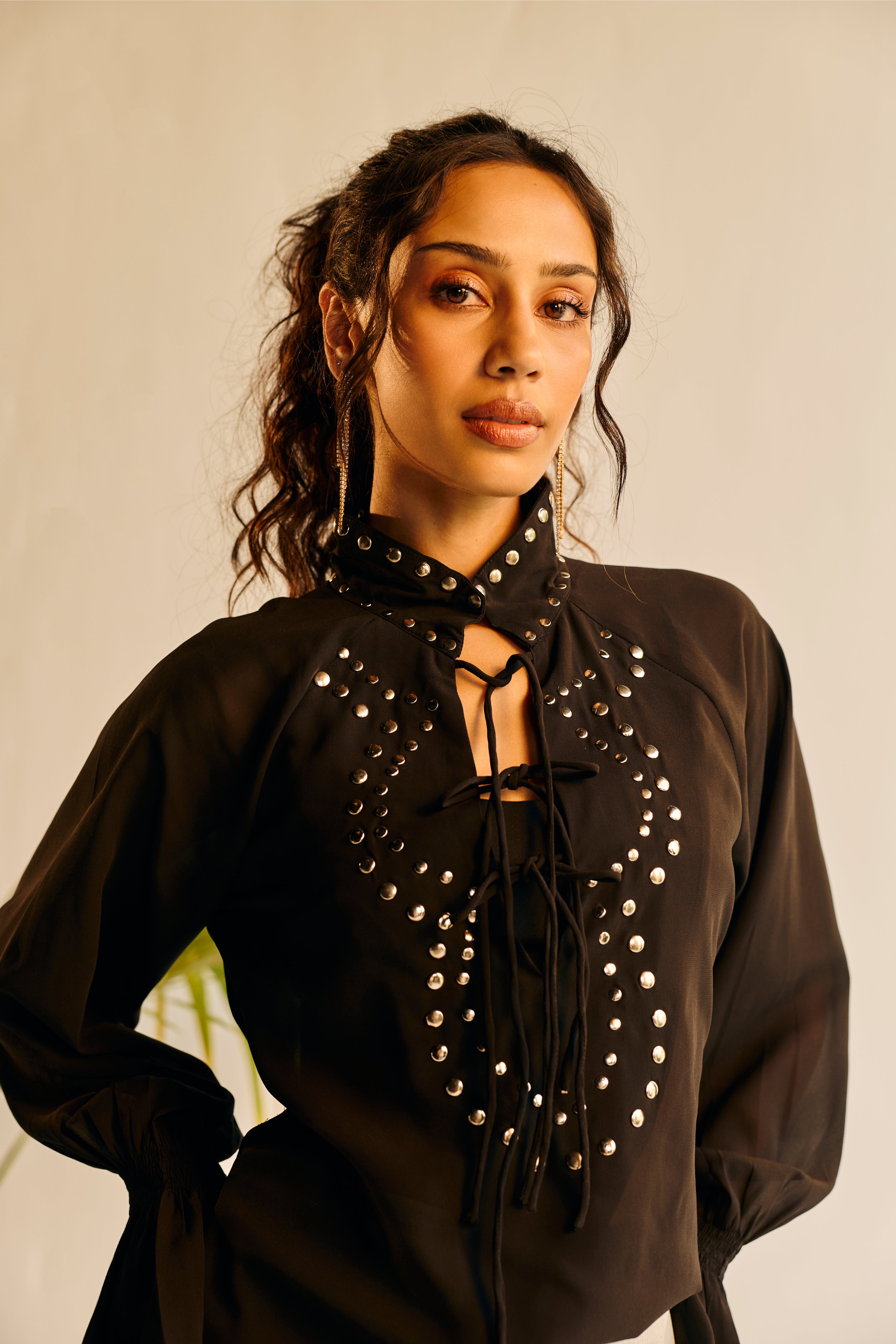 Noiré Sheer Studded Tie-Up Blouse