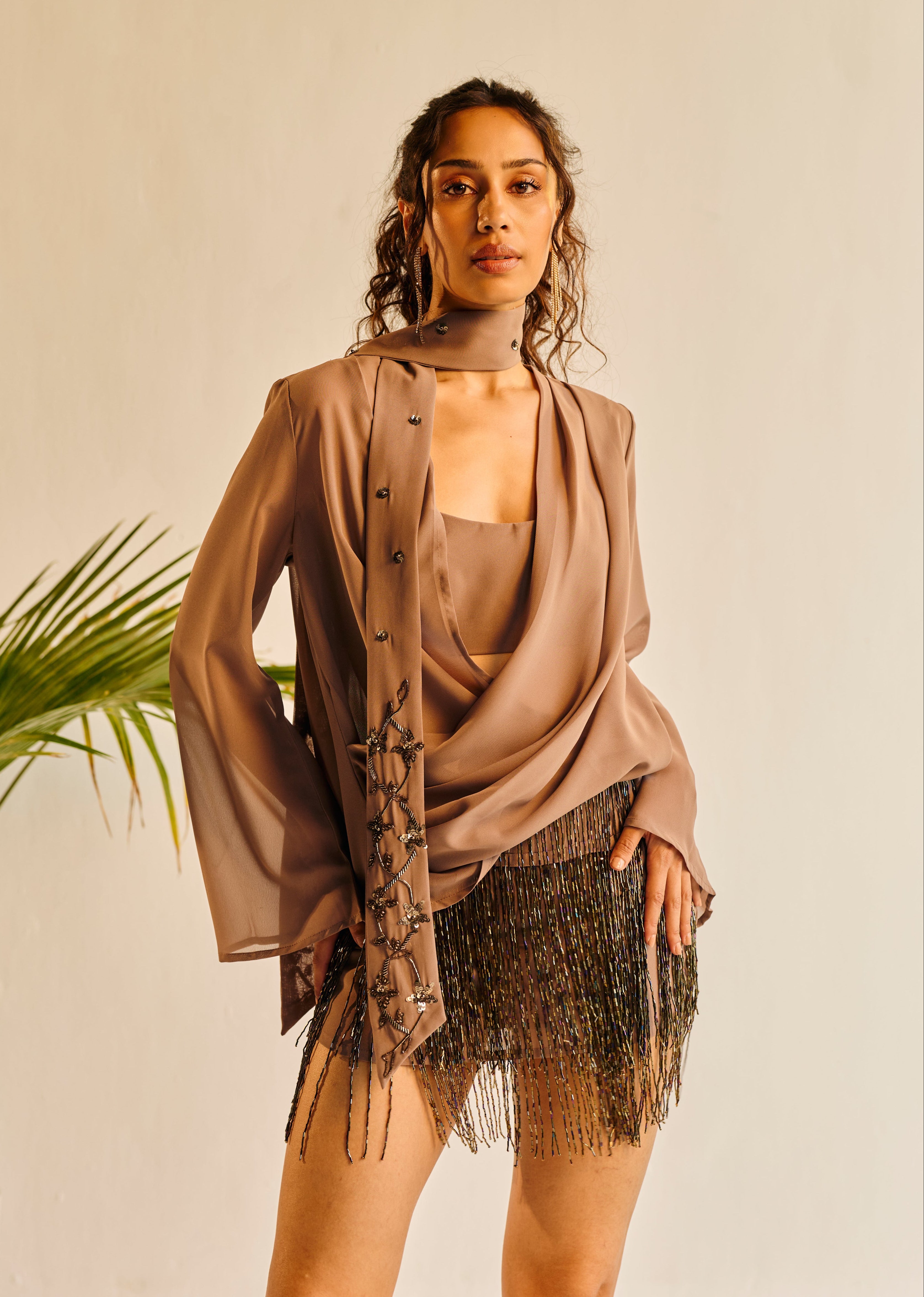 Vivienne Grey Draped Top and Hand-Embrodiered Scraf