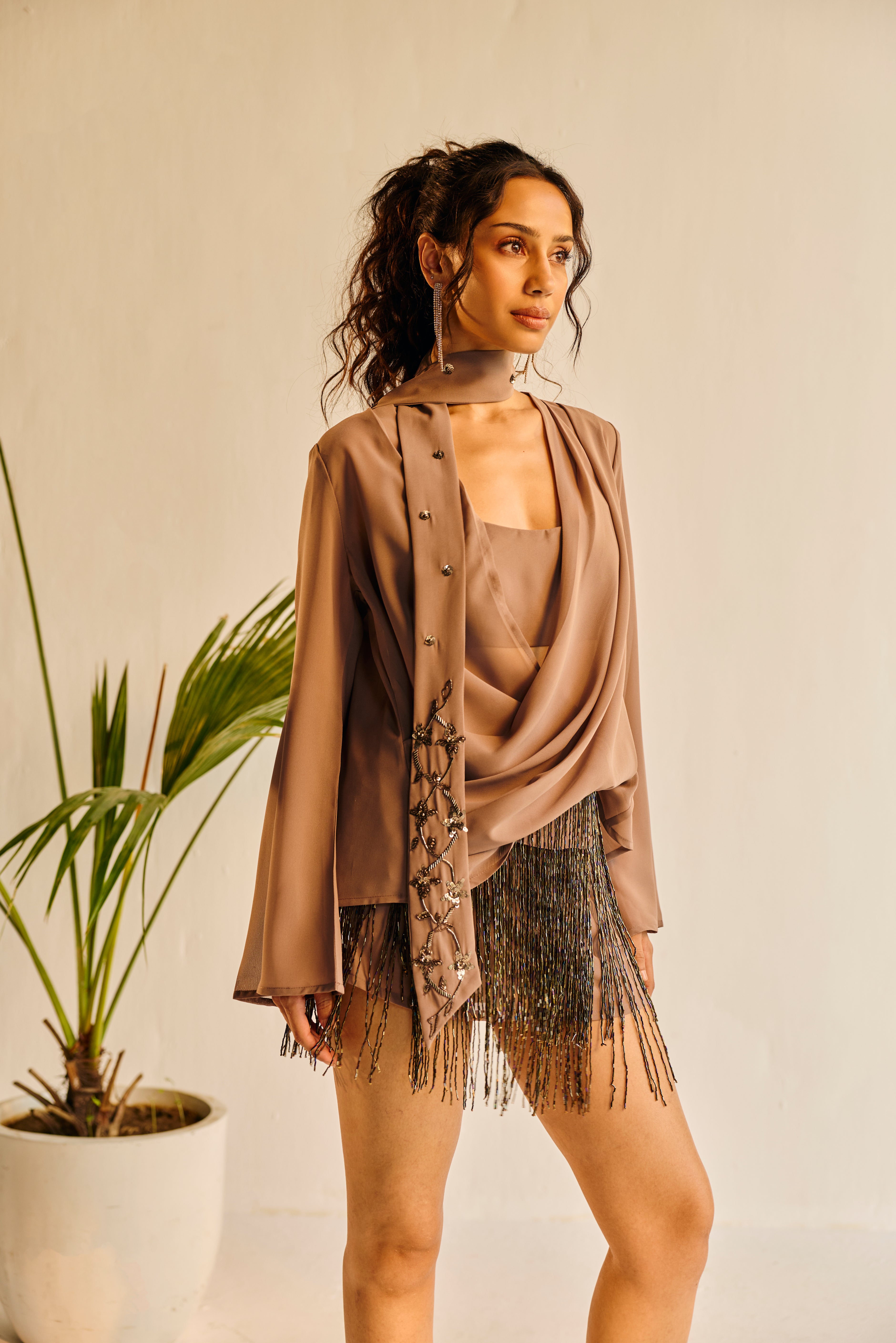 Vivienne Grey Draped Top and Hand-Embrodiered Scraf