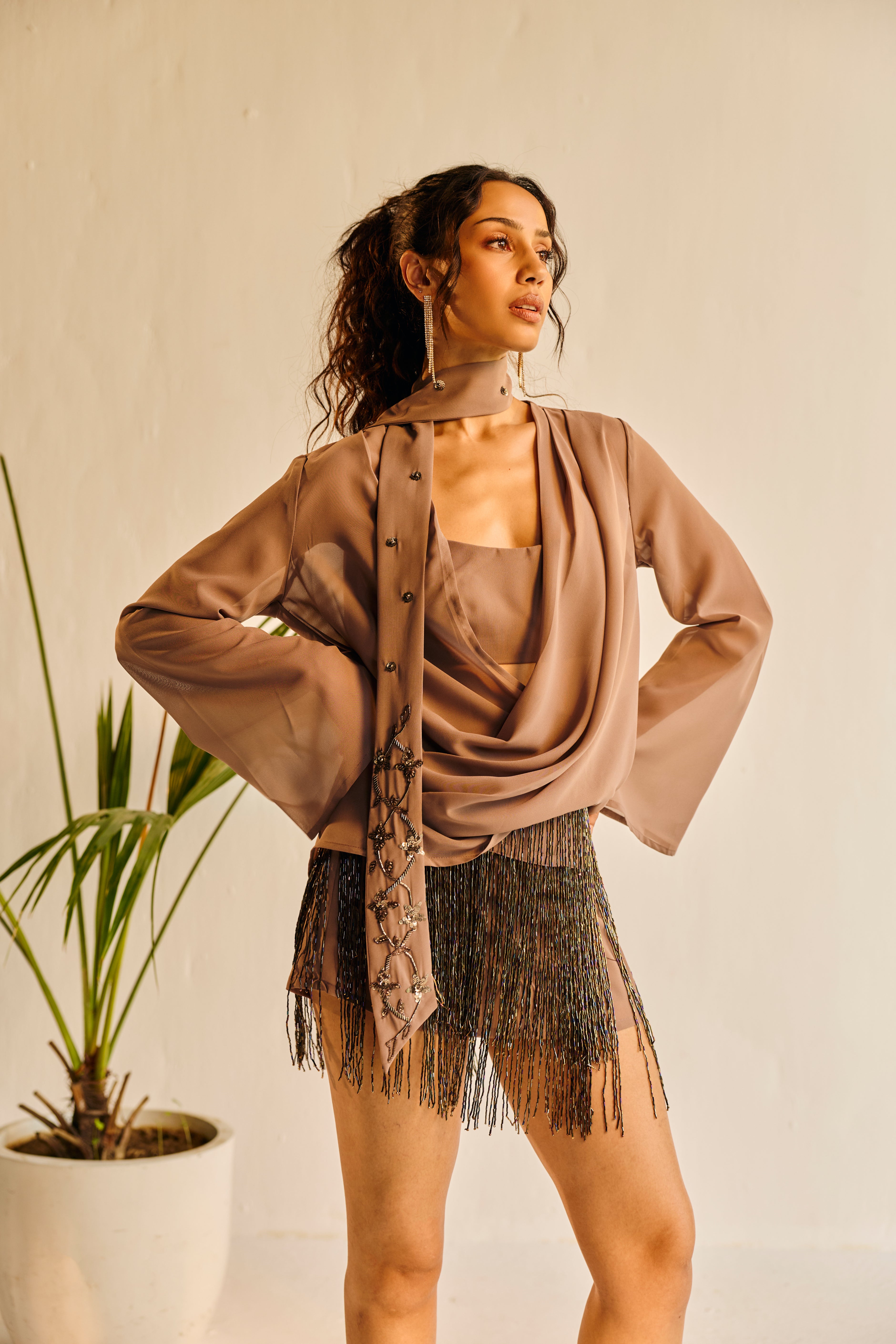 Vivienne Grey Draped Top and Hand-Embrodiered Scraf