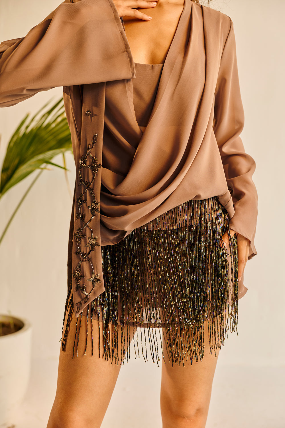 Vivienne Grey Draped Top and Hand-Embrodiered Scraf